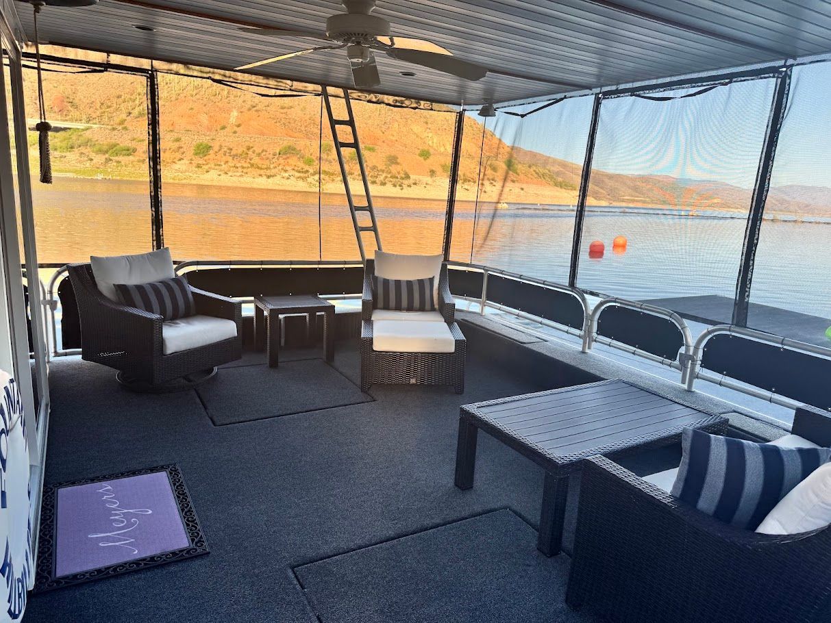 Houseboat deck with seating area, lake view, Summersun 16x68, 2006.