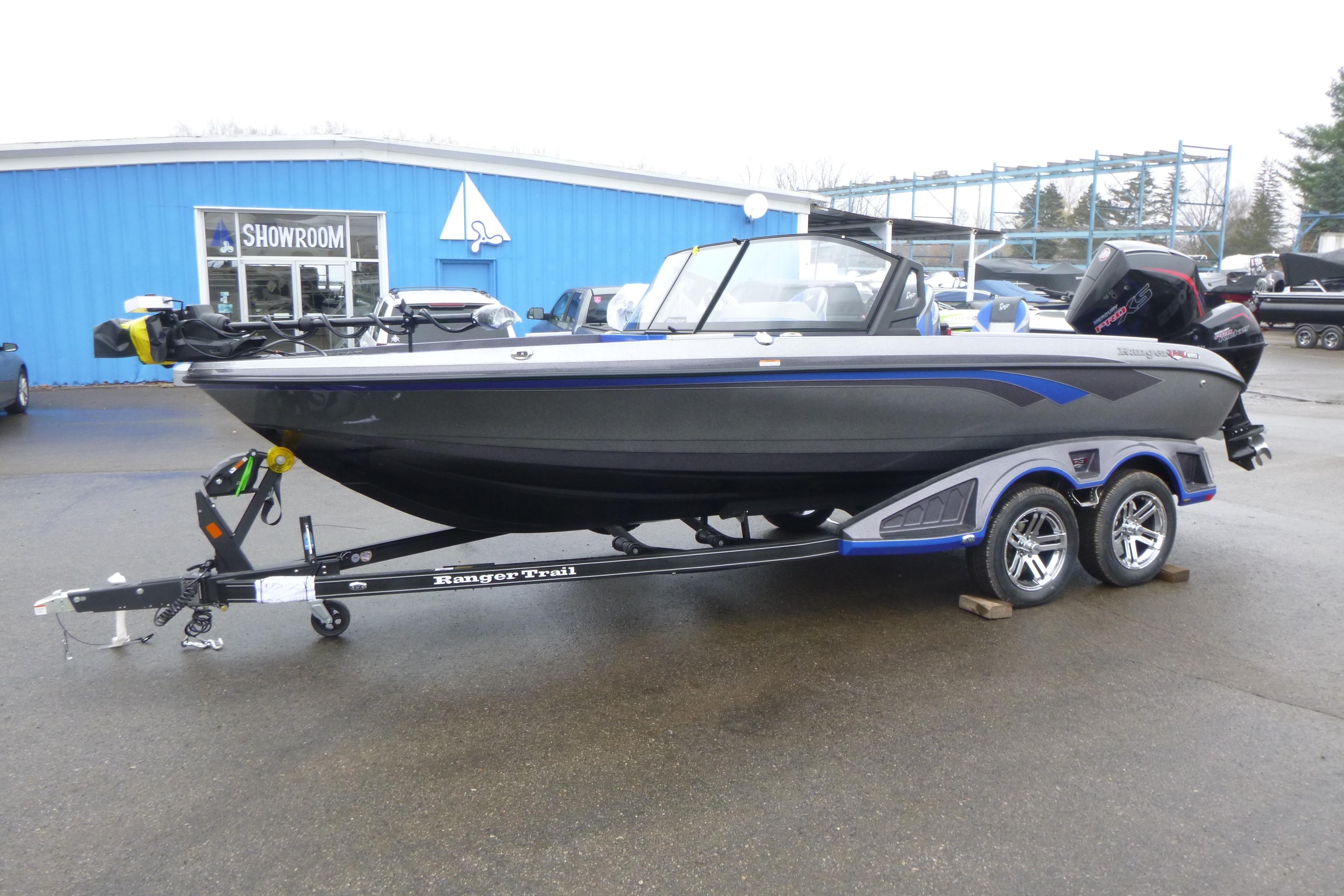 2026 Ranger 620FS Cup Equipped boat on trailer outside showroom.