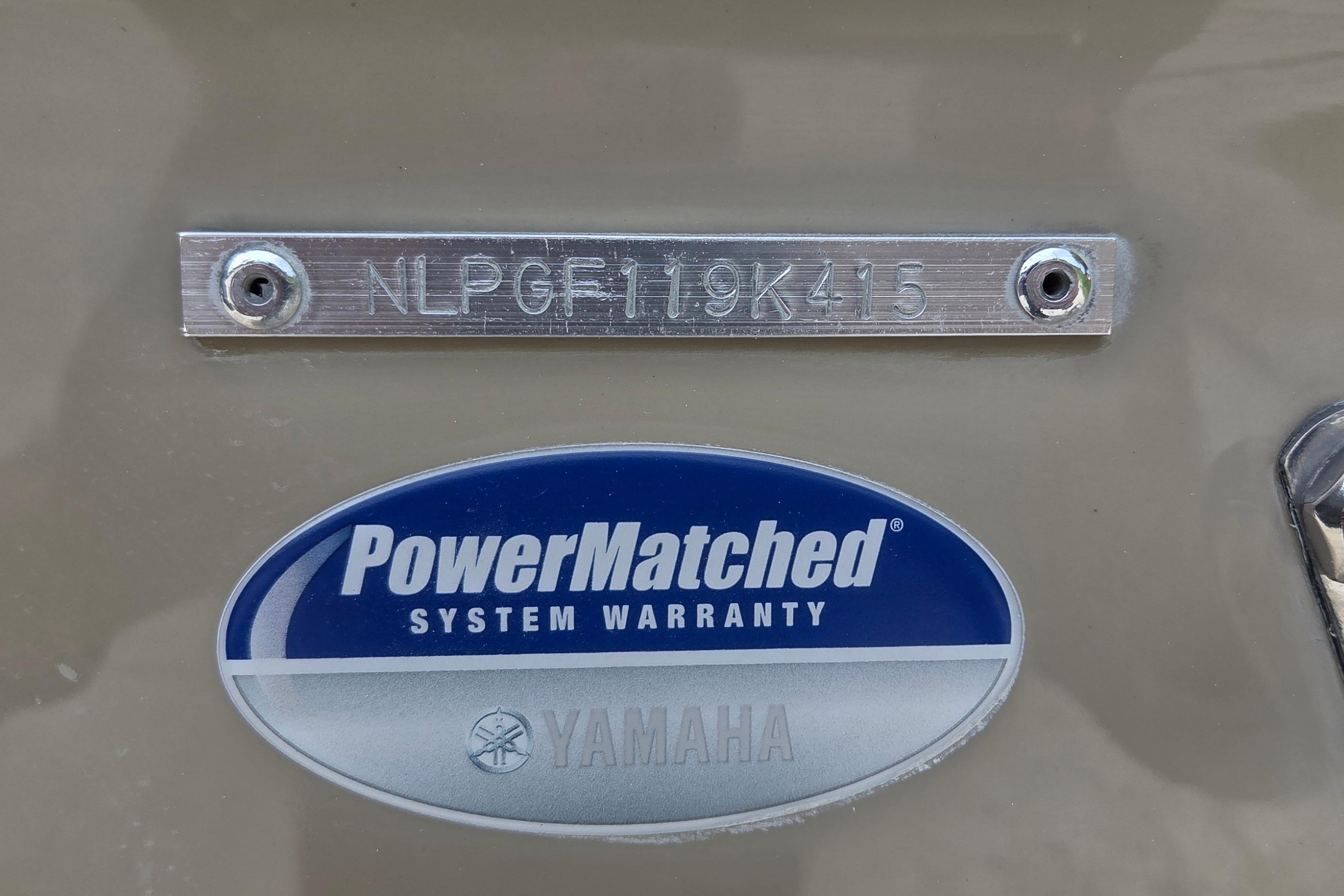 2015 Tidewater 220 LXF boat with Yamaha PowerMatched system warranty label.