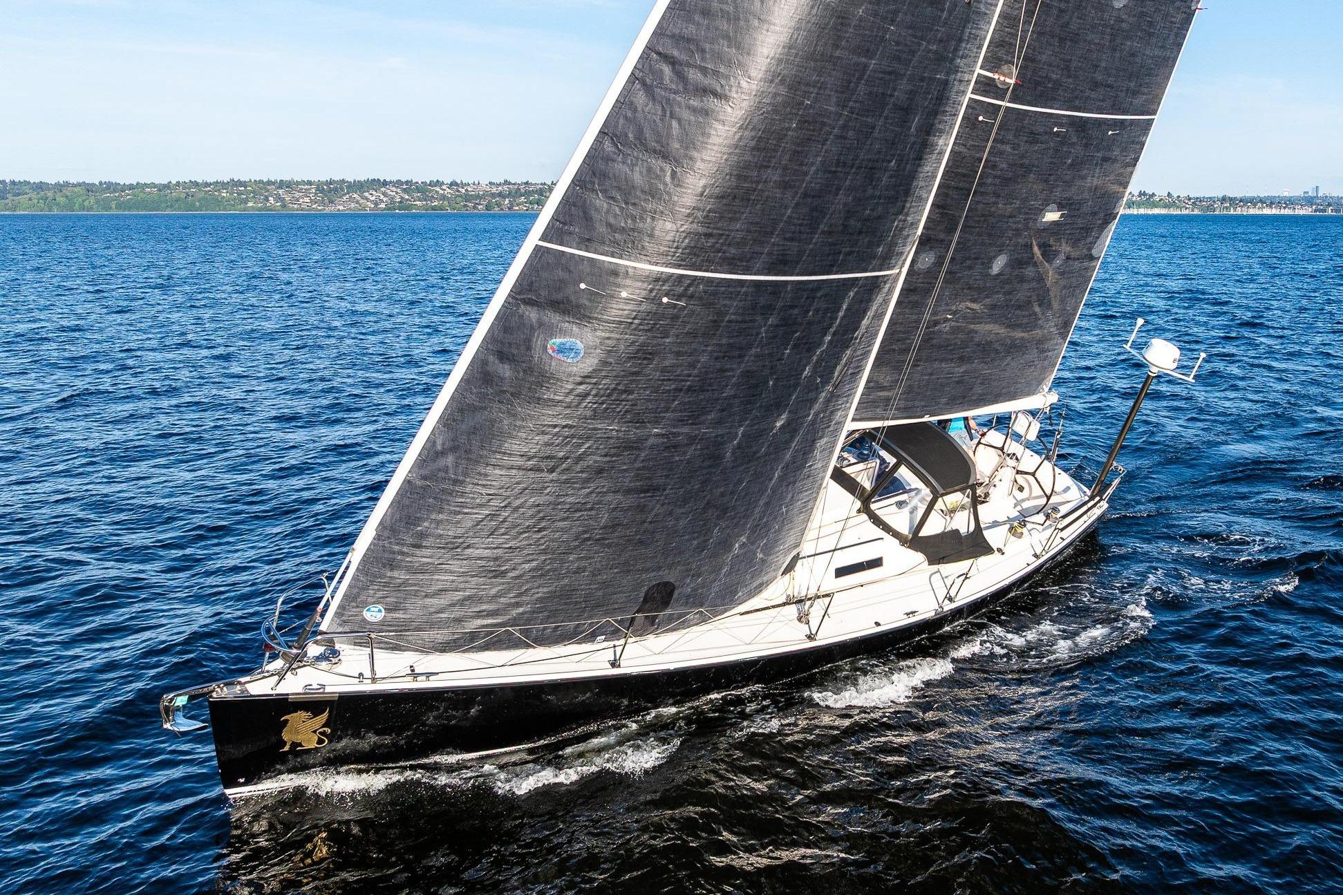 Sailing yacht J Boats J/124 (2007) gliding on open blue water under clear skies.