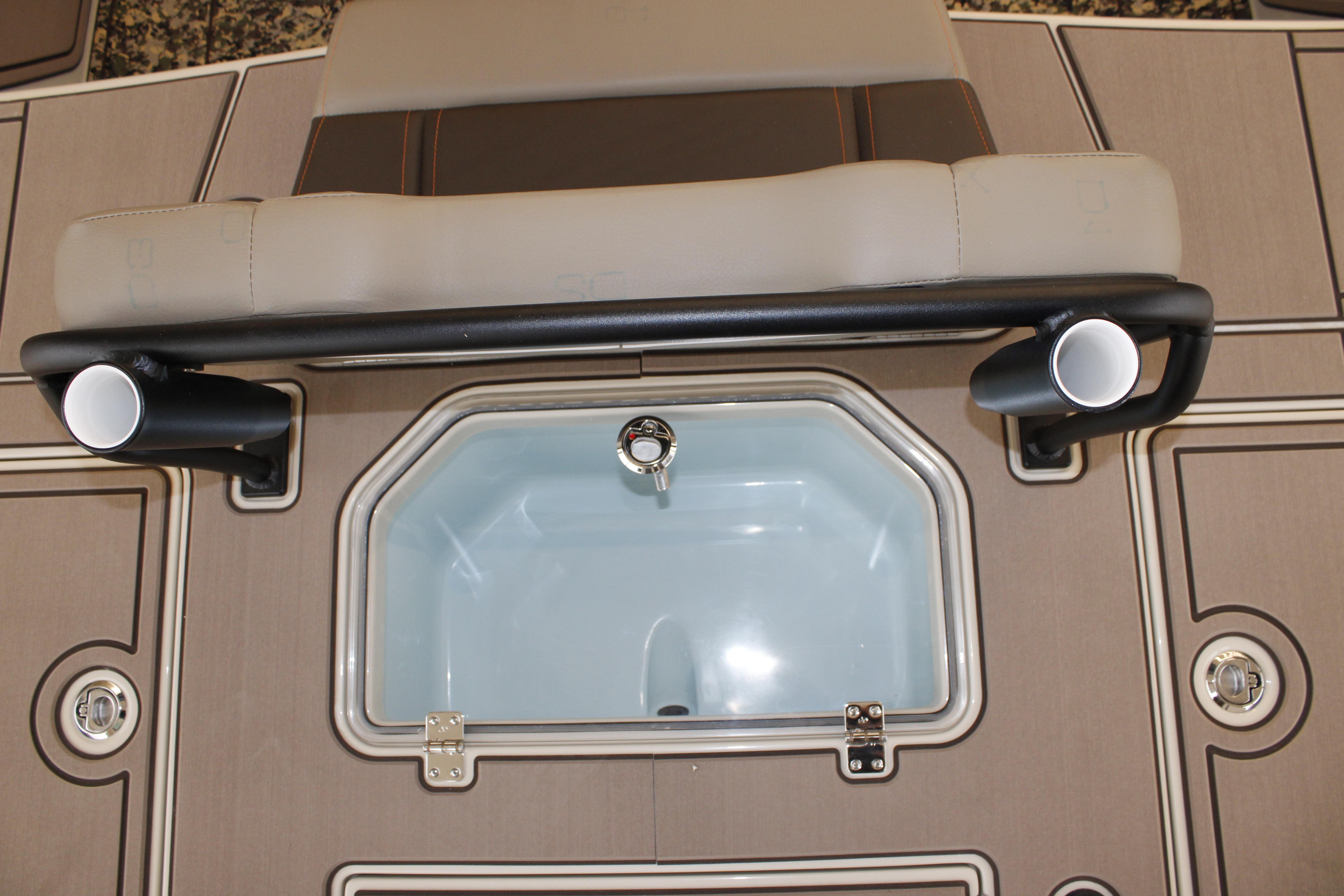 2026 Mako 18 Pro Skiff Backwater Edition boat seating and storage compartment.