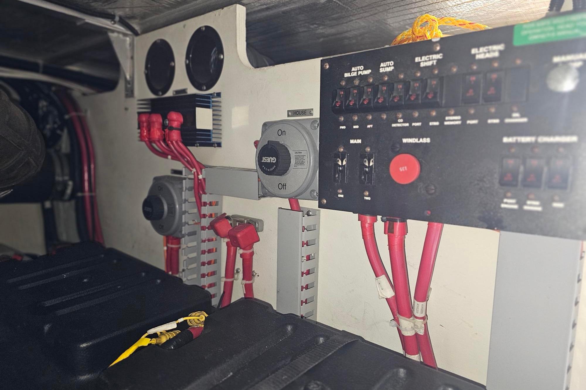 Electrical panel and wiring inside a 2002 Carver 450 Voyager Pilothouse boat.