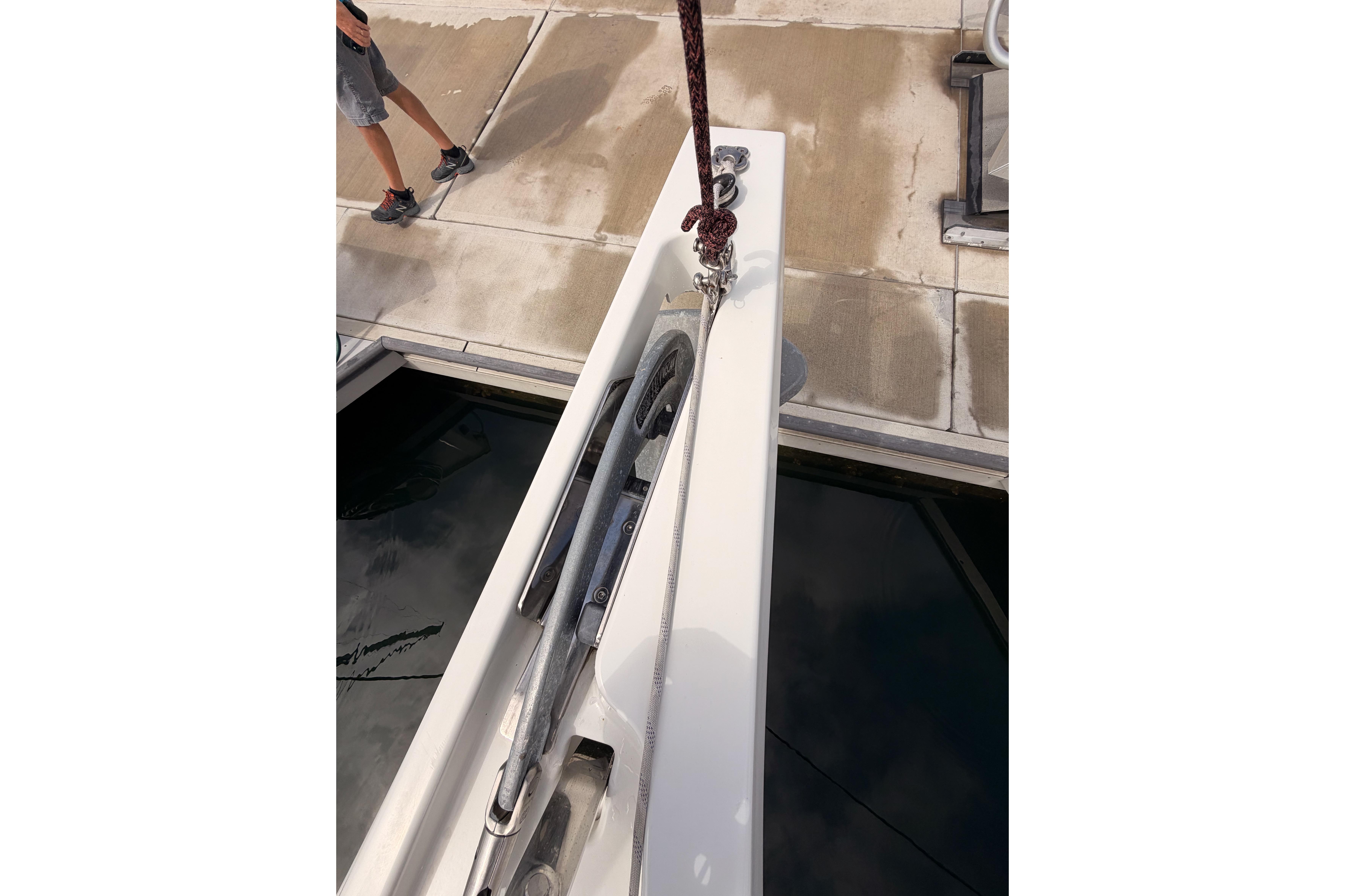 Close-up of Beneteau Oceanis 46.1 sailboat deck detail, 2020 model, at dock.