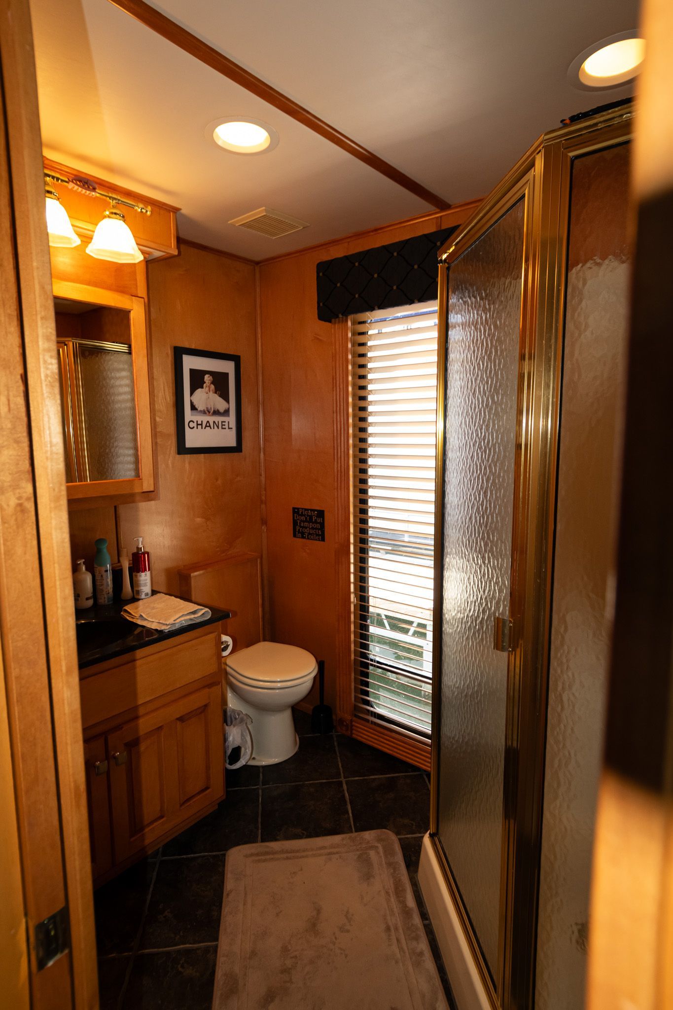Bathroom in Lakeview 16x70 houseboat, 2003 model, featuring shower and wood paneling.