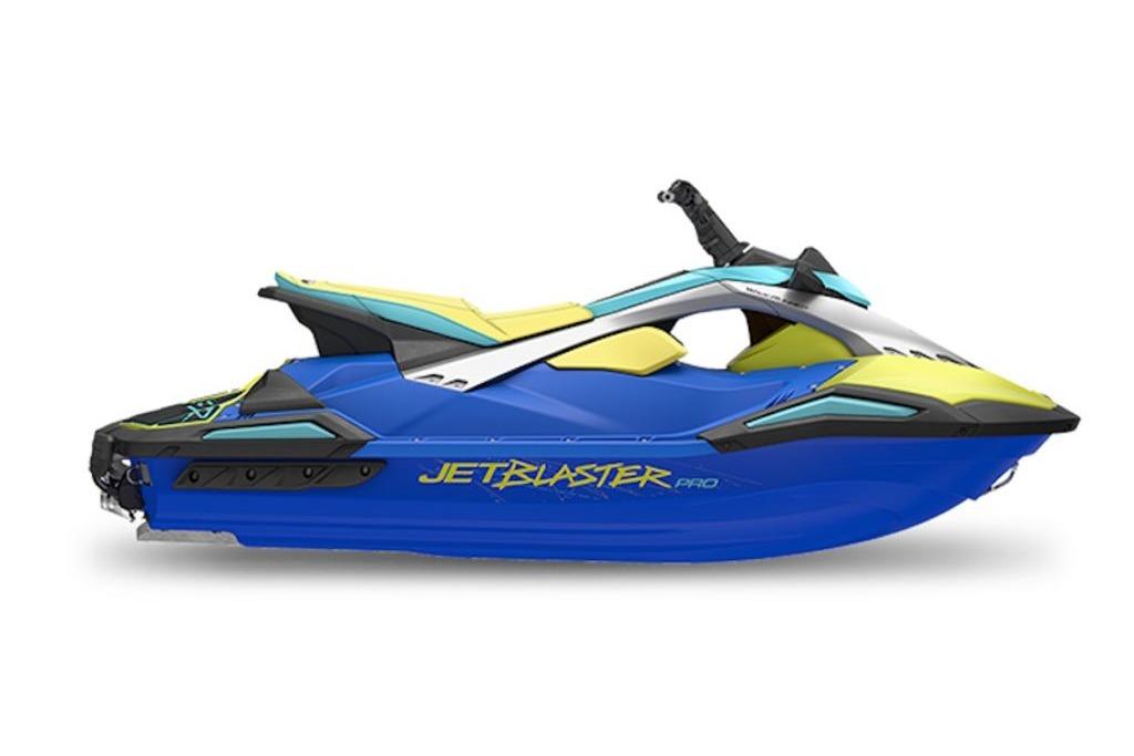 2026 Yamaha WaveRunner JetBlaster PRO 3-Up, blue and yellow design, side view.