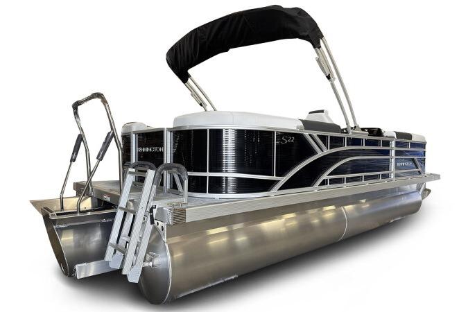 2026 Bennington 22 SSRSF pontoon boat with sleek design and black canopy.