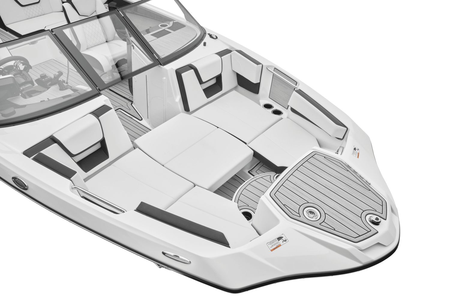 The image shows the bow of a Yamaha 222SD boat with white seating and gray accents.
