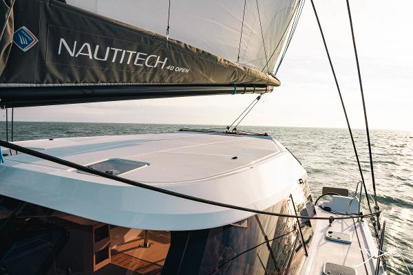 2025 Nautitech 40 Open sailing on the ocean, showcasing sleek design and modern features.