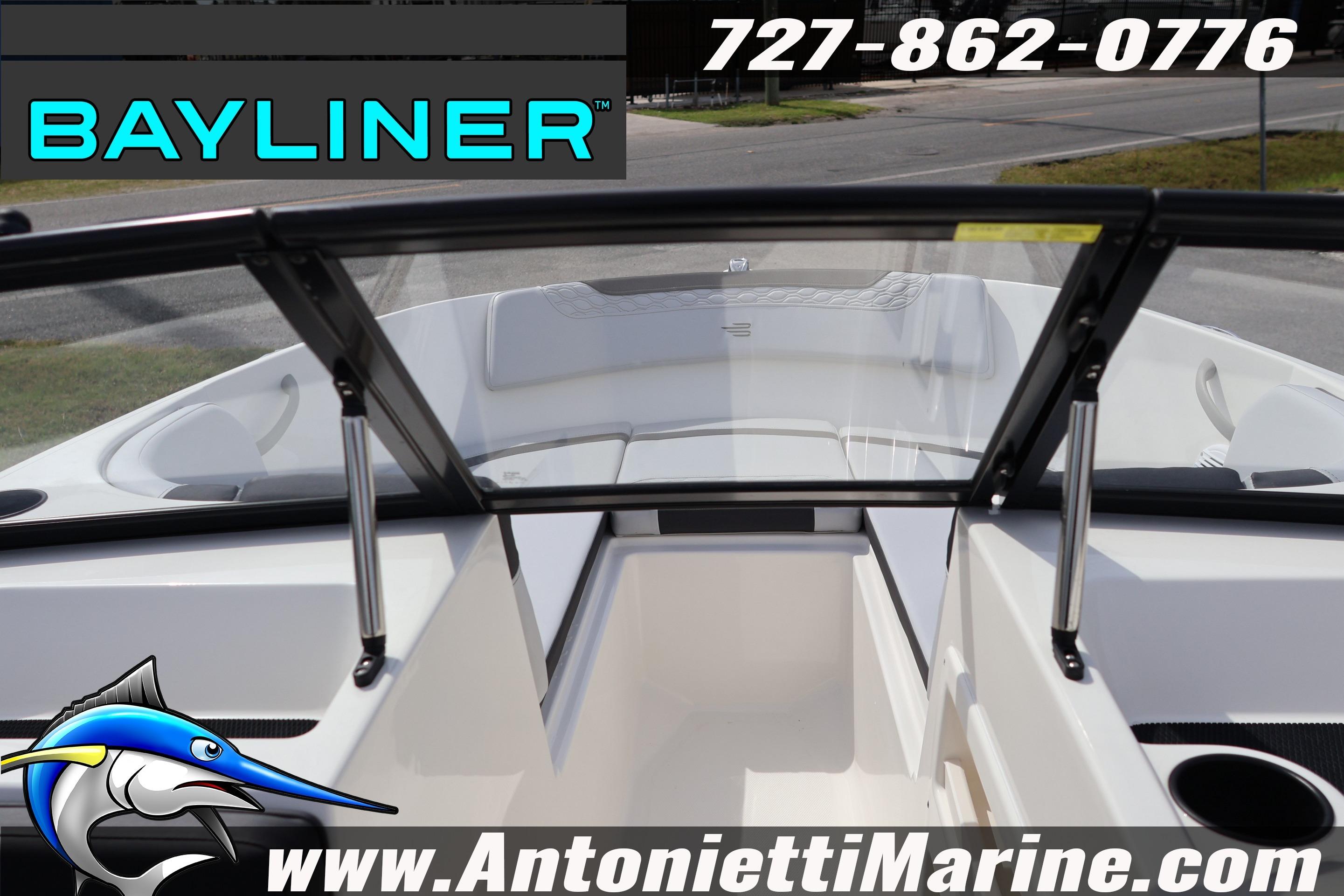 2026 Bayliner Element M17 boat interior with open windshield, showcased by Antonietti Marine.