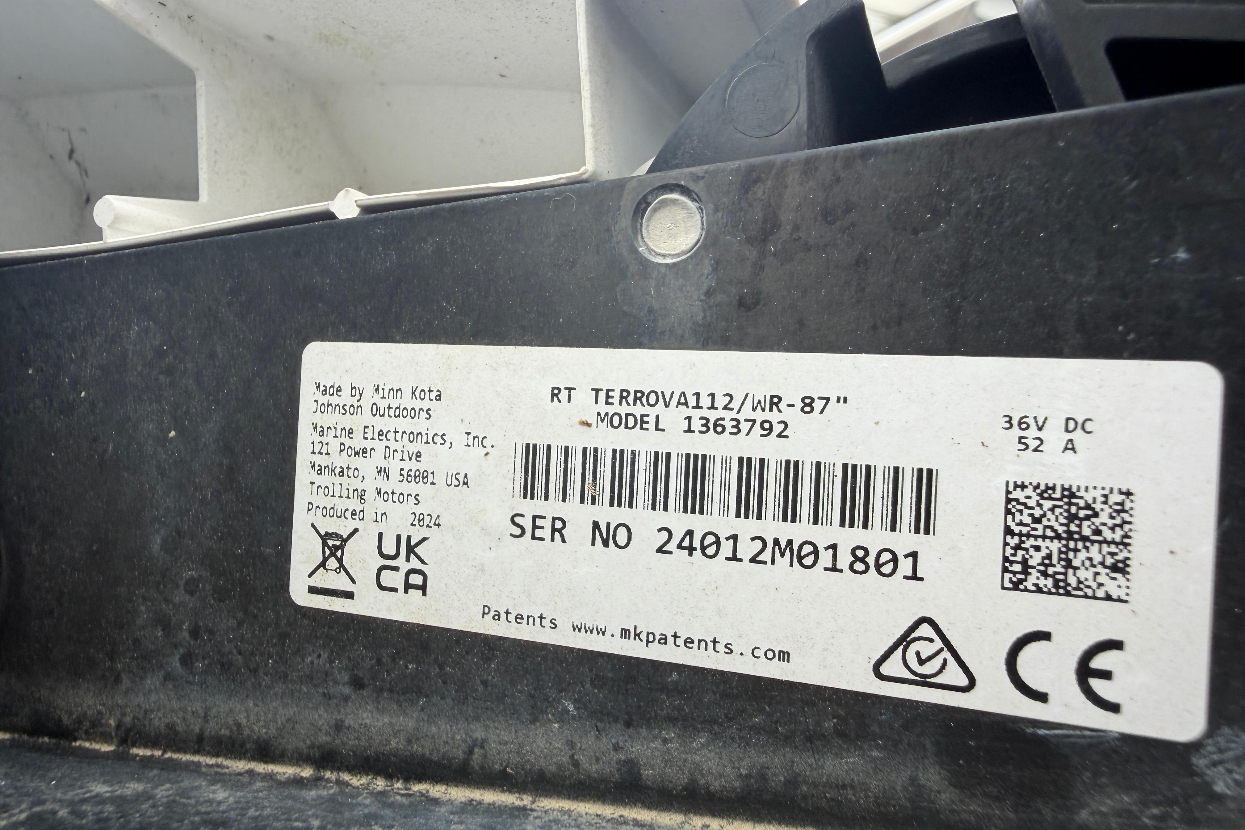 Label on Minn Kota trolling motor, model RT Terrova112/WR-87, produced in 2024.