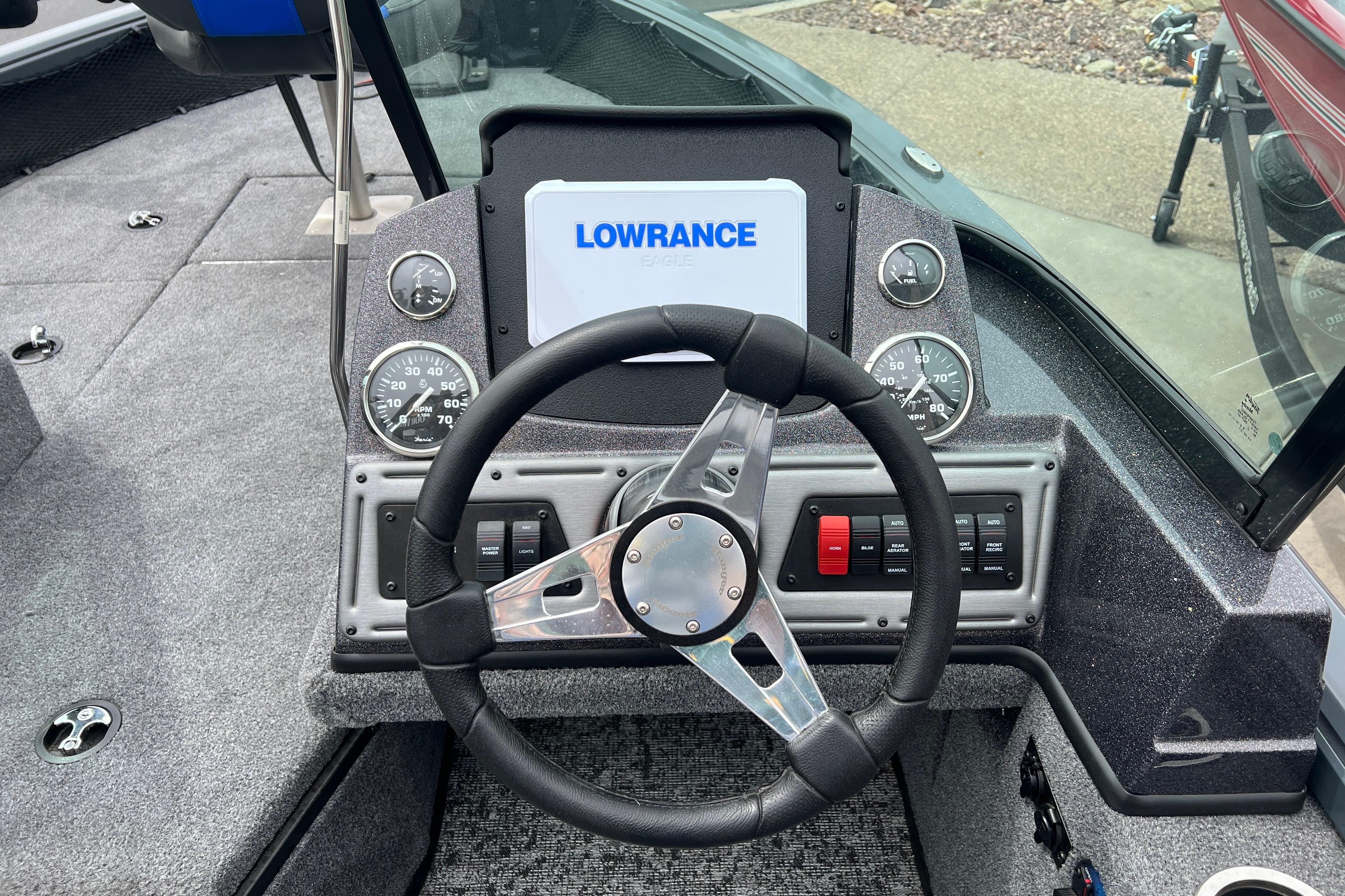 2026 Ranger VS1682SC Angler boat dashboard with Lowrance display and steering wheel.