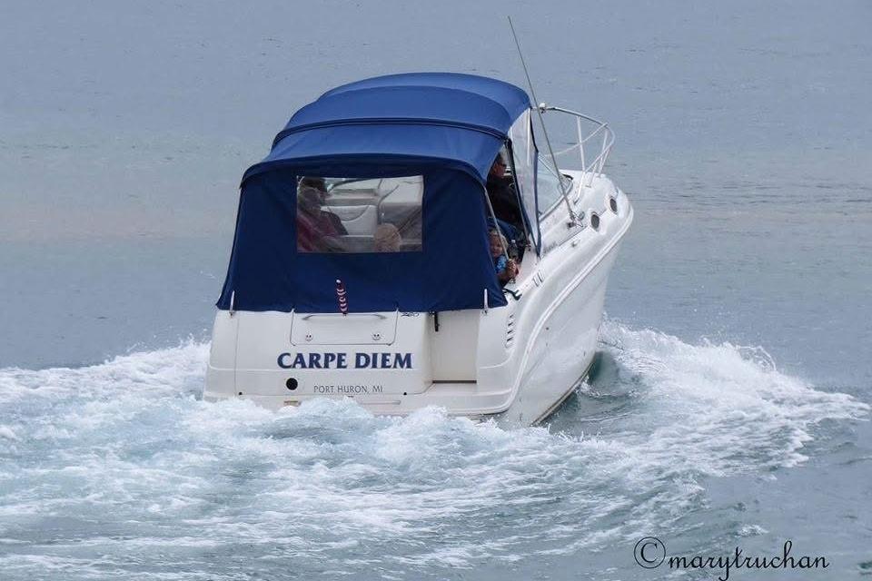 2003 Sea Ray 260 Sundancer boat named "Carpe Diem" cruising on water.