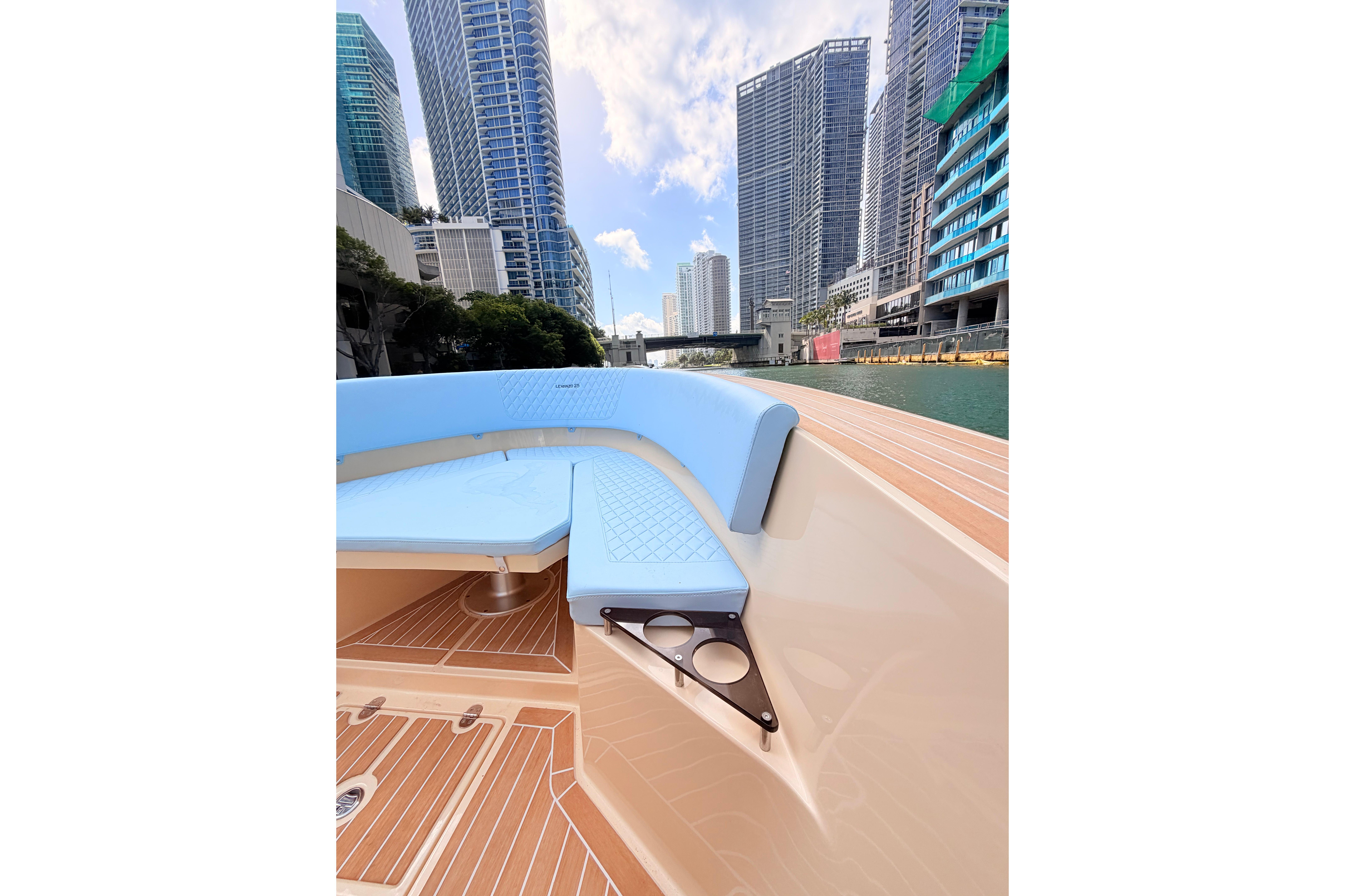 Luxury Lilybaeum Levanzo 25 boat interior with city skyline, 2026 model.