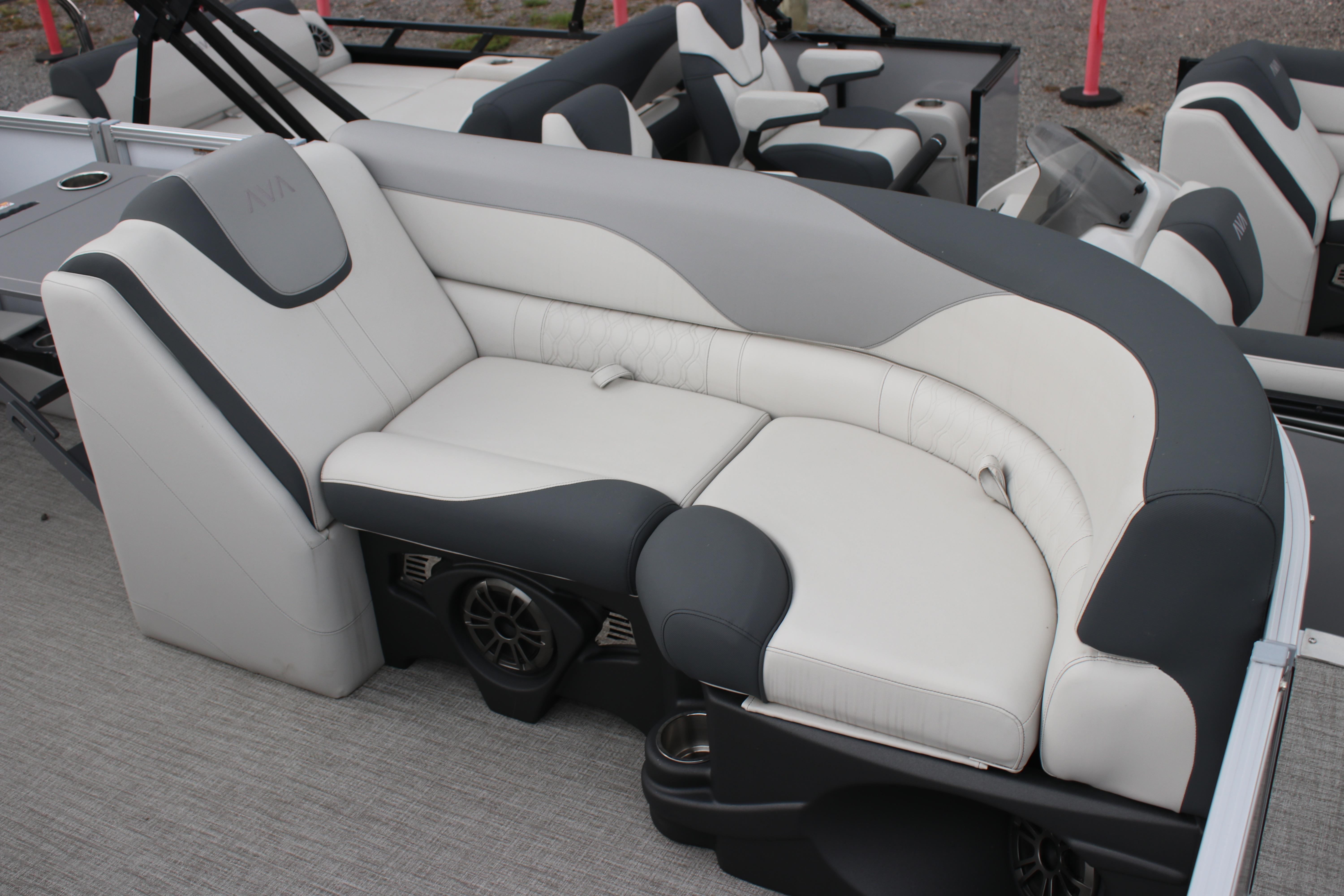 2025 Avalon LSZ Quad Lounger boat seating with gray and white upholstery.
