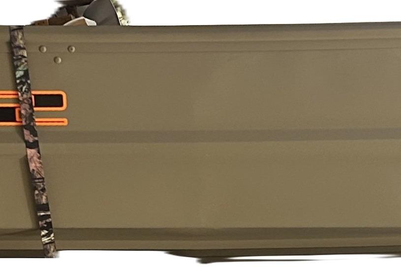 2026 Tracker Grizzly 12 Jon boat, olive green, partial side view with camouflage strap.