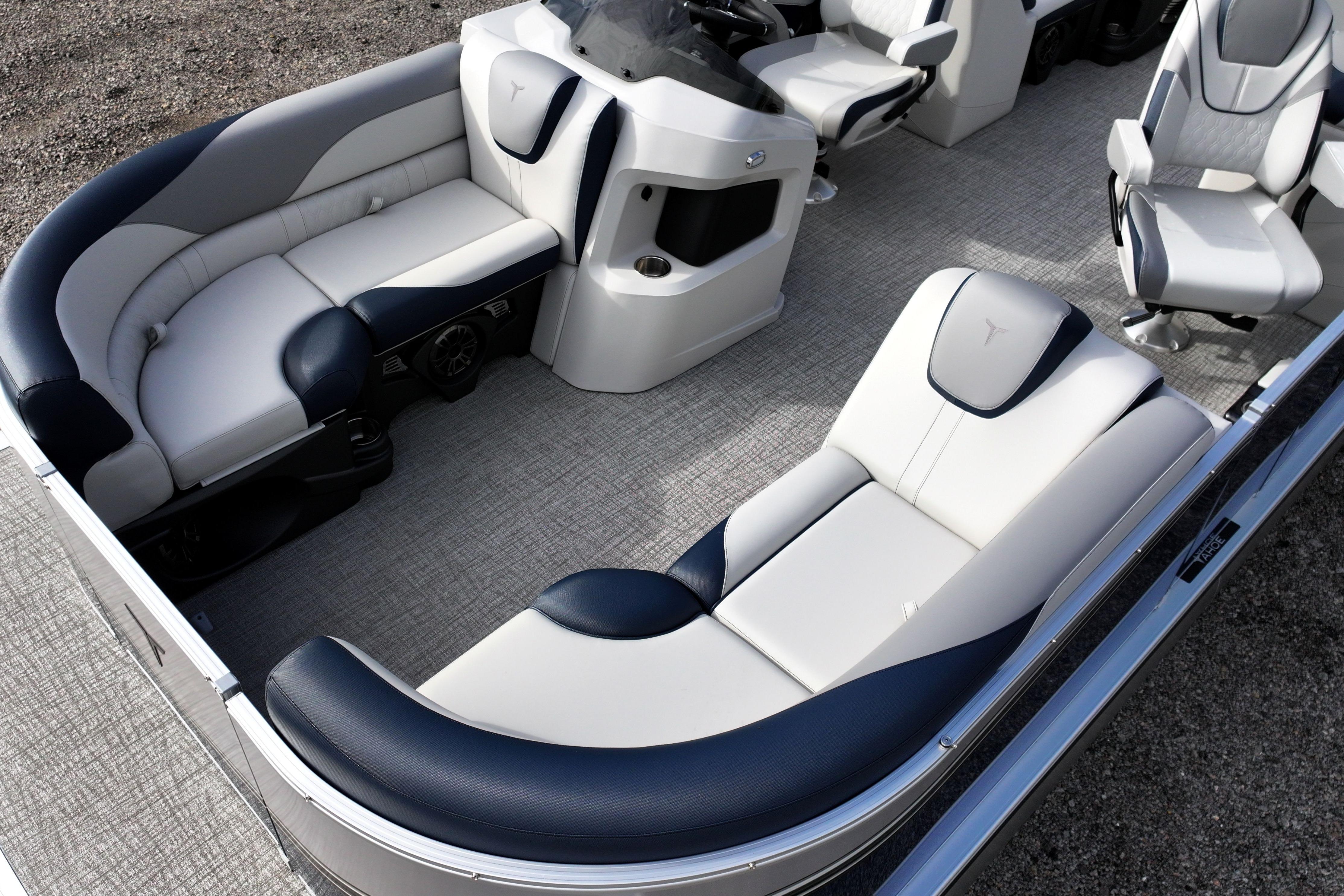 2026 Tahoe Pontoon LTZ Quad Lounger interior with luxurious seating and modern design.