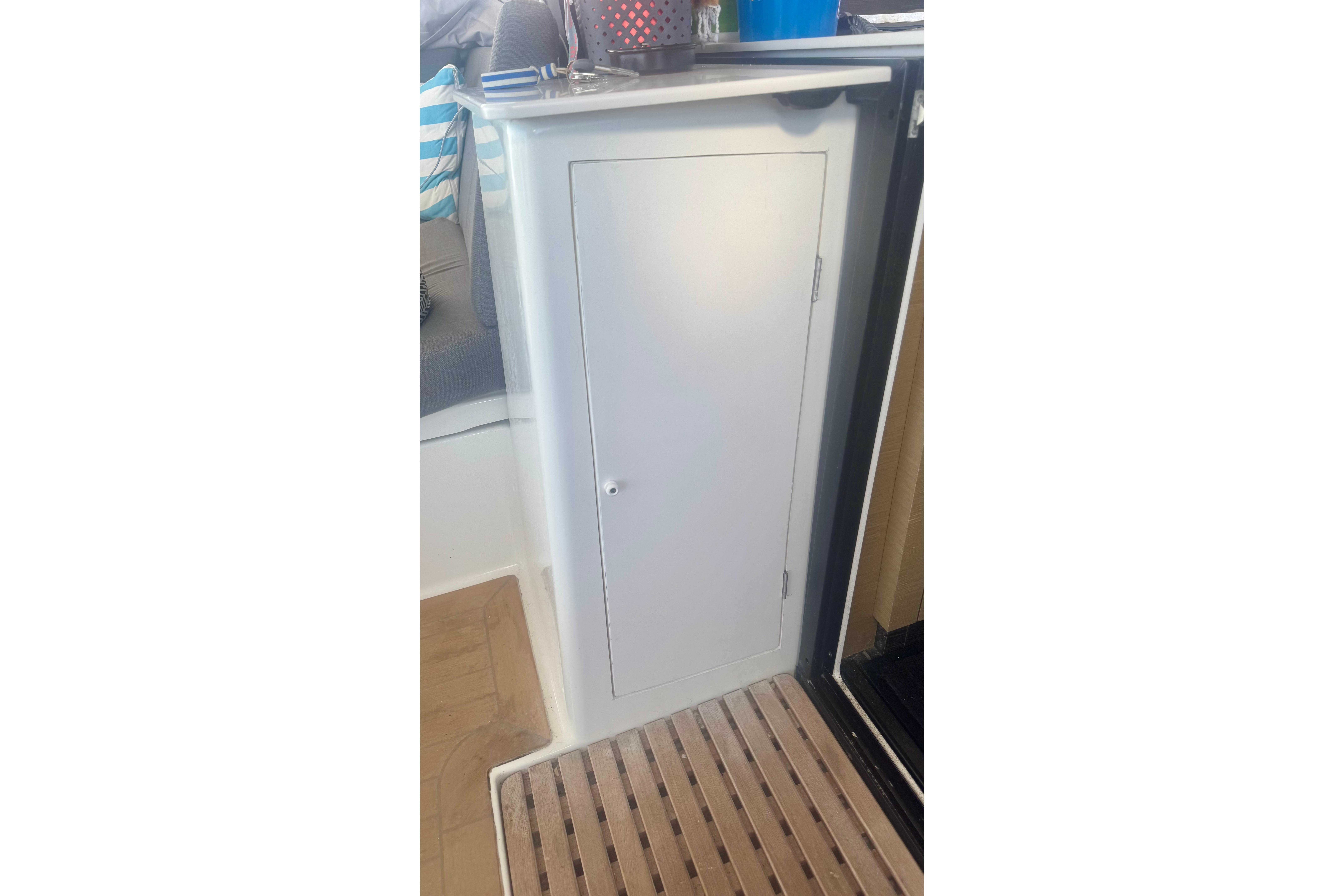White cabinet door on 2020 Fountaine Pajot Saona 47 yacht interior.