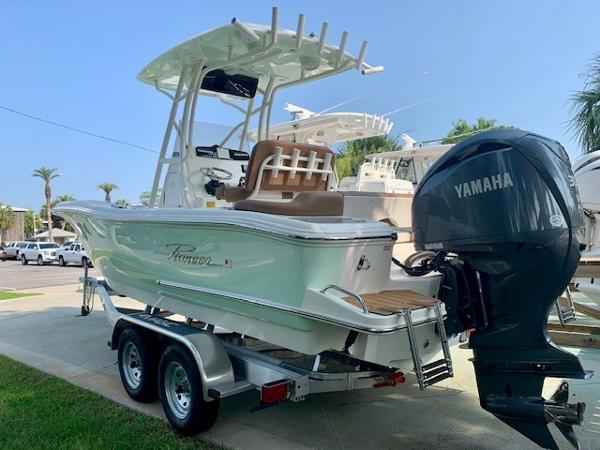 2025 Pioneer 222 Islander boat on trailer with Yamaha outboard motor.
