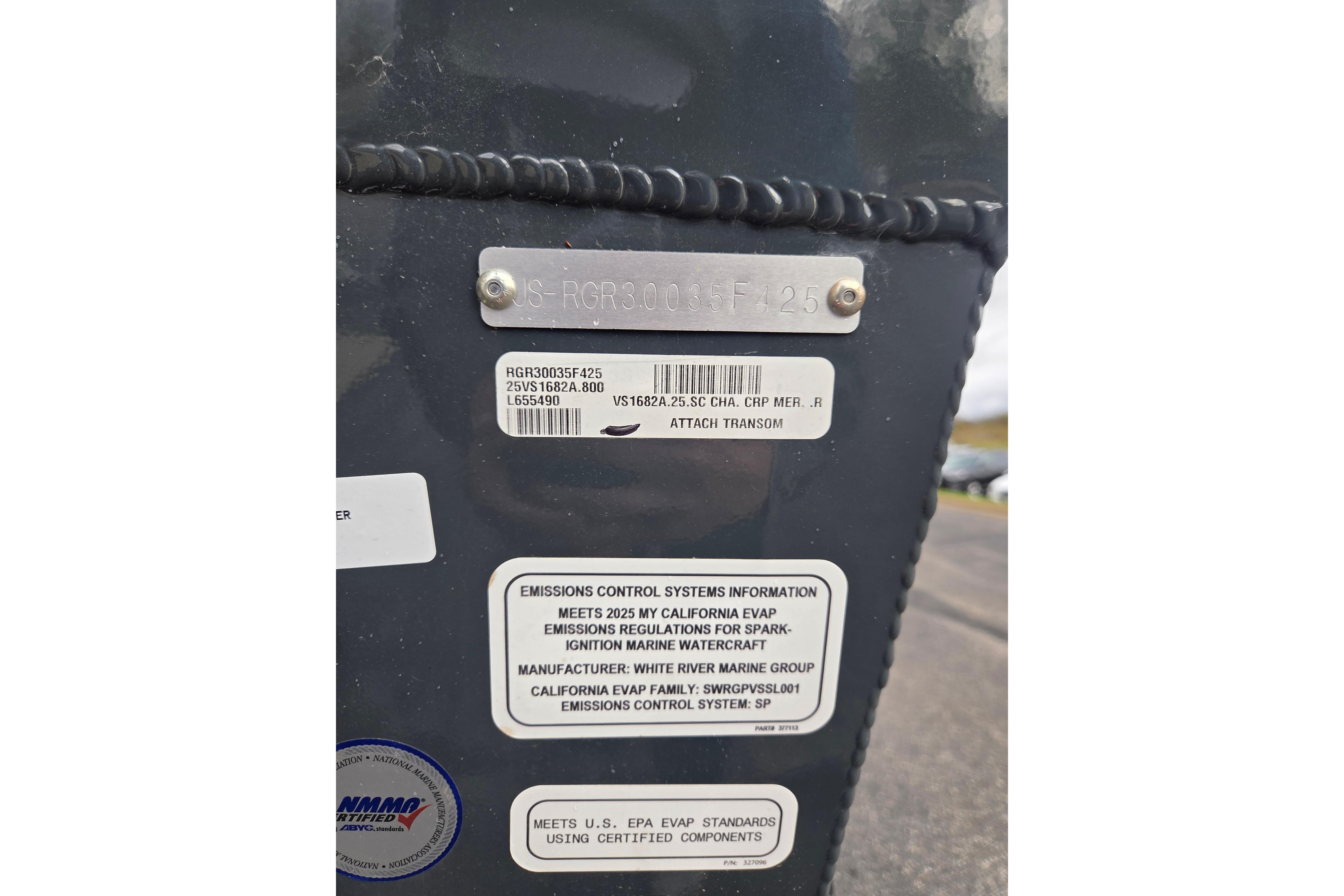 2025 Ranger VS1682SC Angler boat transom with emissions control information and certification labels.