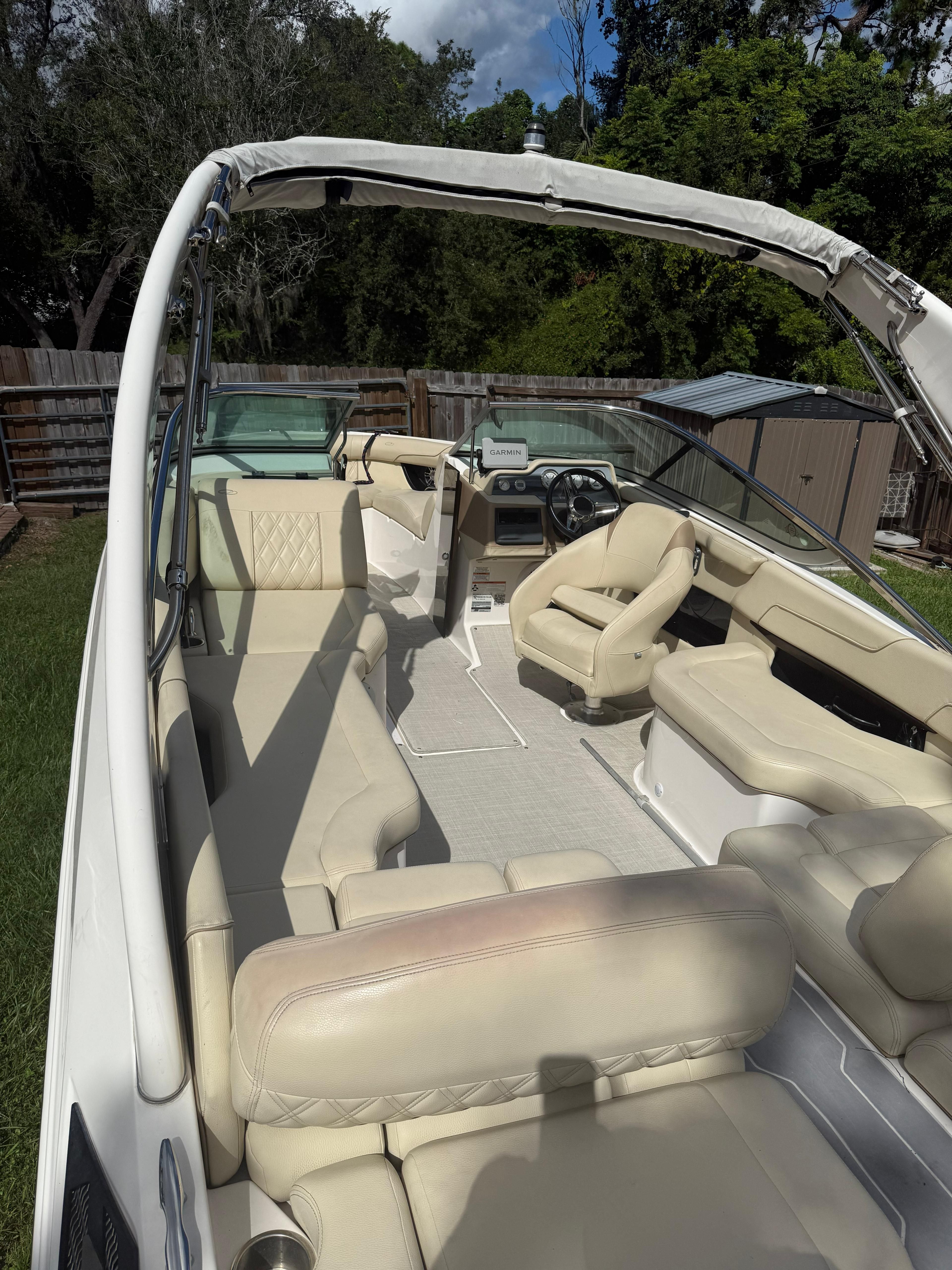 Interior of a 2020 Regal 2300 Bowrider boat with beige seating.