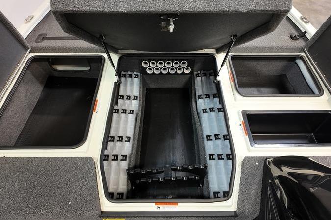 2024 Lowe Stinger 188 boat storage compartments with organized tackle and rod holders.