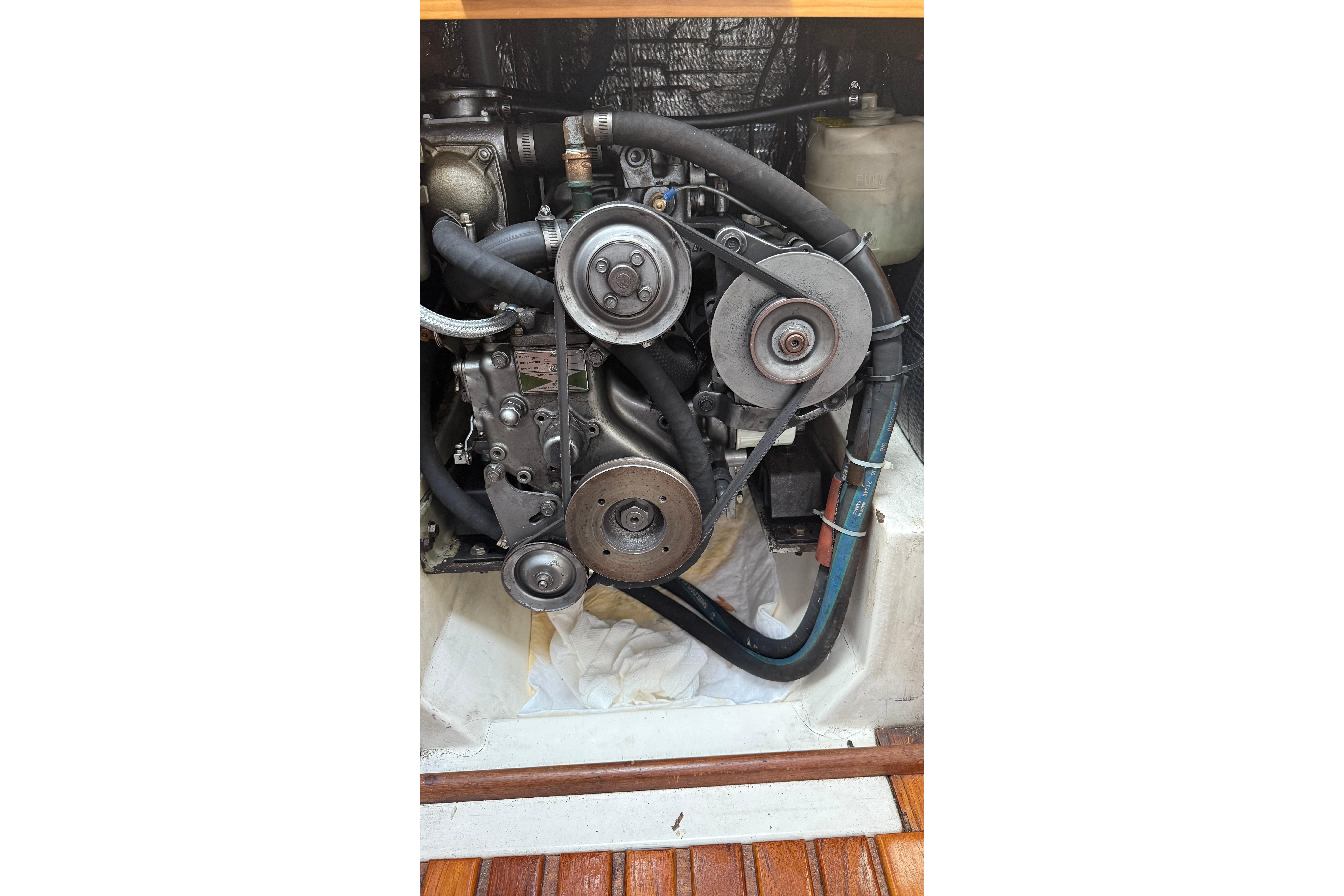 Engine compartment of a 1984 Hunter 31 sailboat, showcasing belts and hoses.