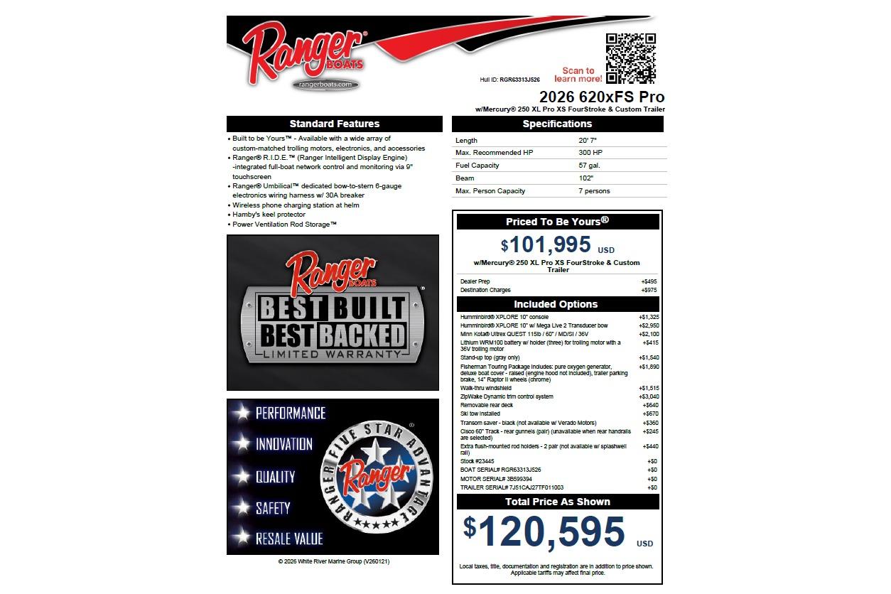 2026 Ranger 620xFS Pro boat specifications and pricing details, featuring advanced features and warranty.