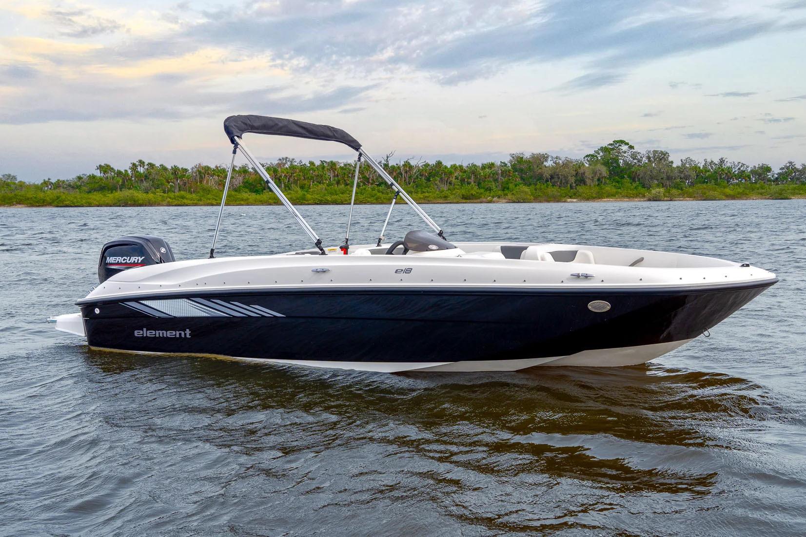 Manufacturer Provided Image: 2025 Bayliner Element E18 boat on water, featuring sleek design and Mercury engine.