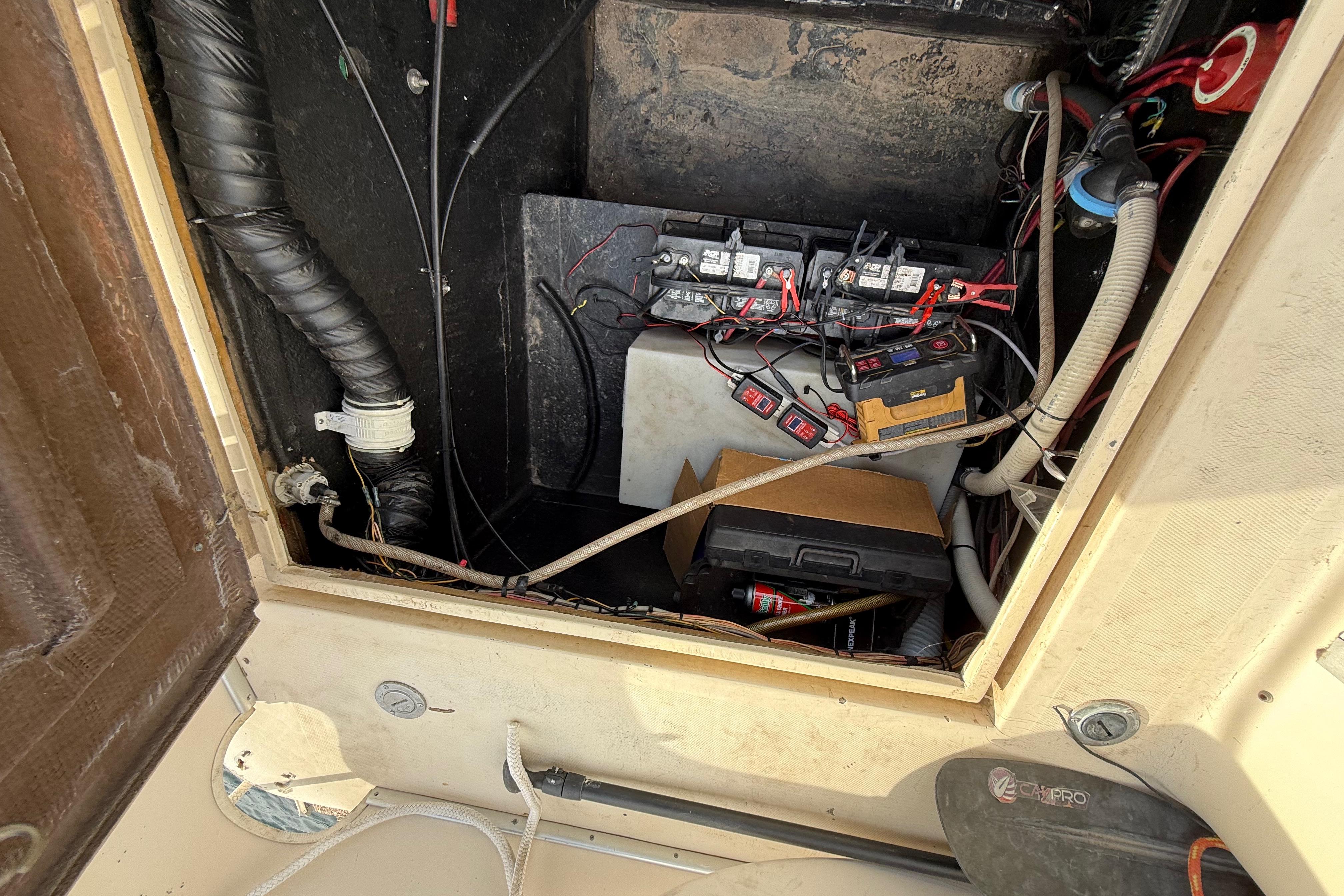 Electrical compartment of a 1983 Holiday Mansion 37 Barracuda boat, showing wiring and batteries.