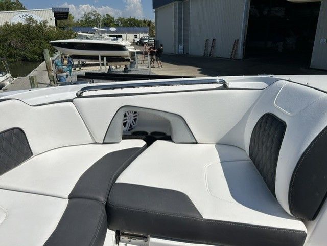 The image shows the interior of a Monterey M-45 boat with white and black seating.