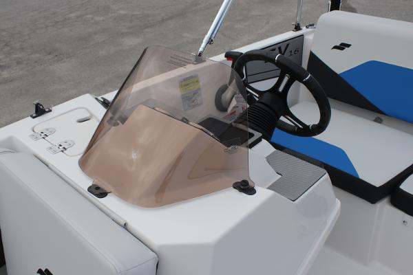 2025 Starcraft SV 16 OB boat dashboard with steering wheel and windshield.