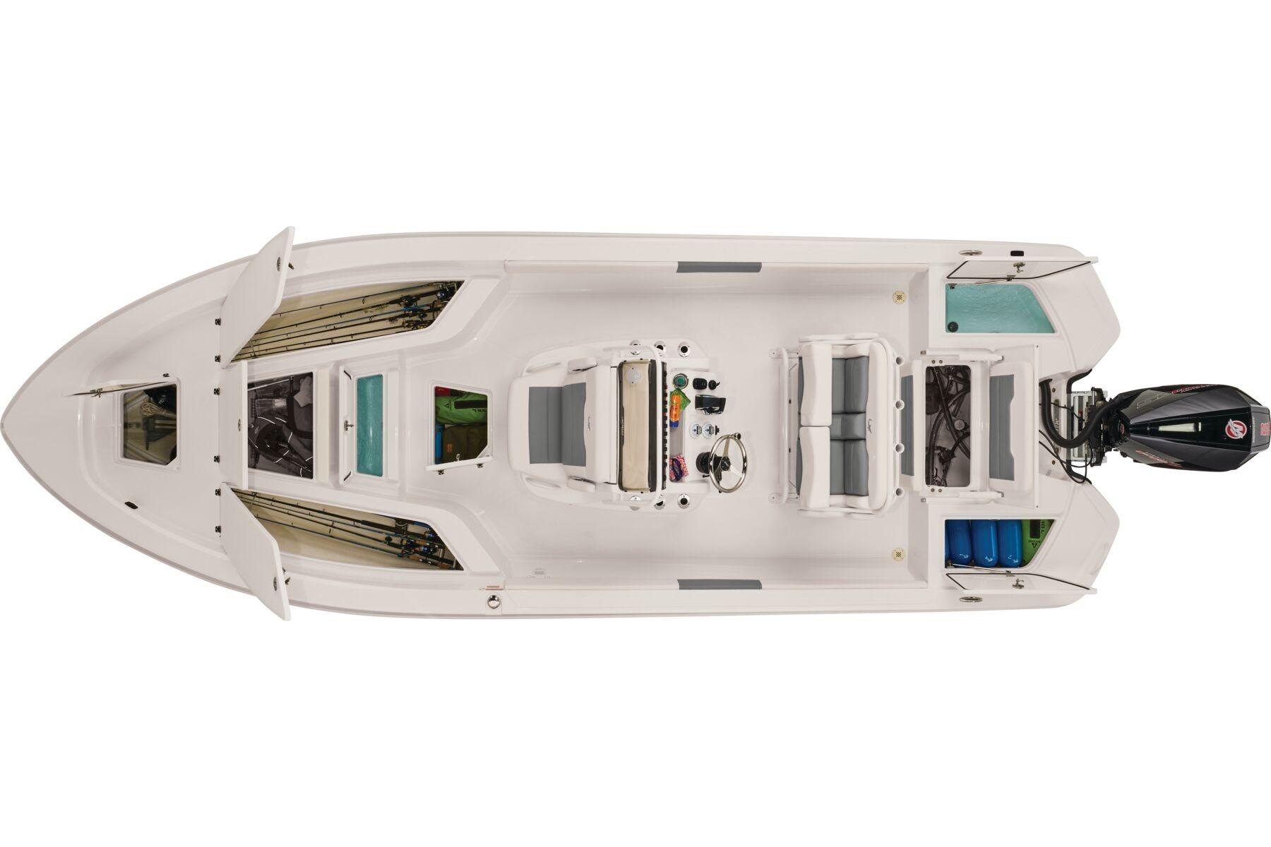 Top view of 2026 Mako 24 APEX boat, showcasing spacious deck and seating arrangement.