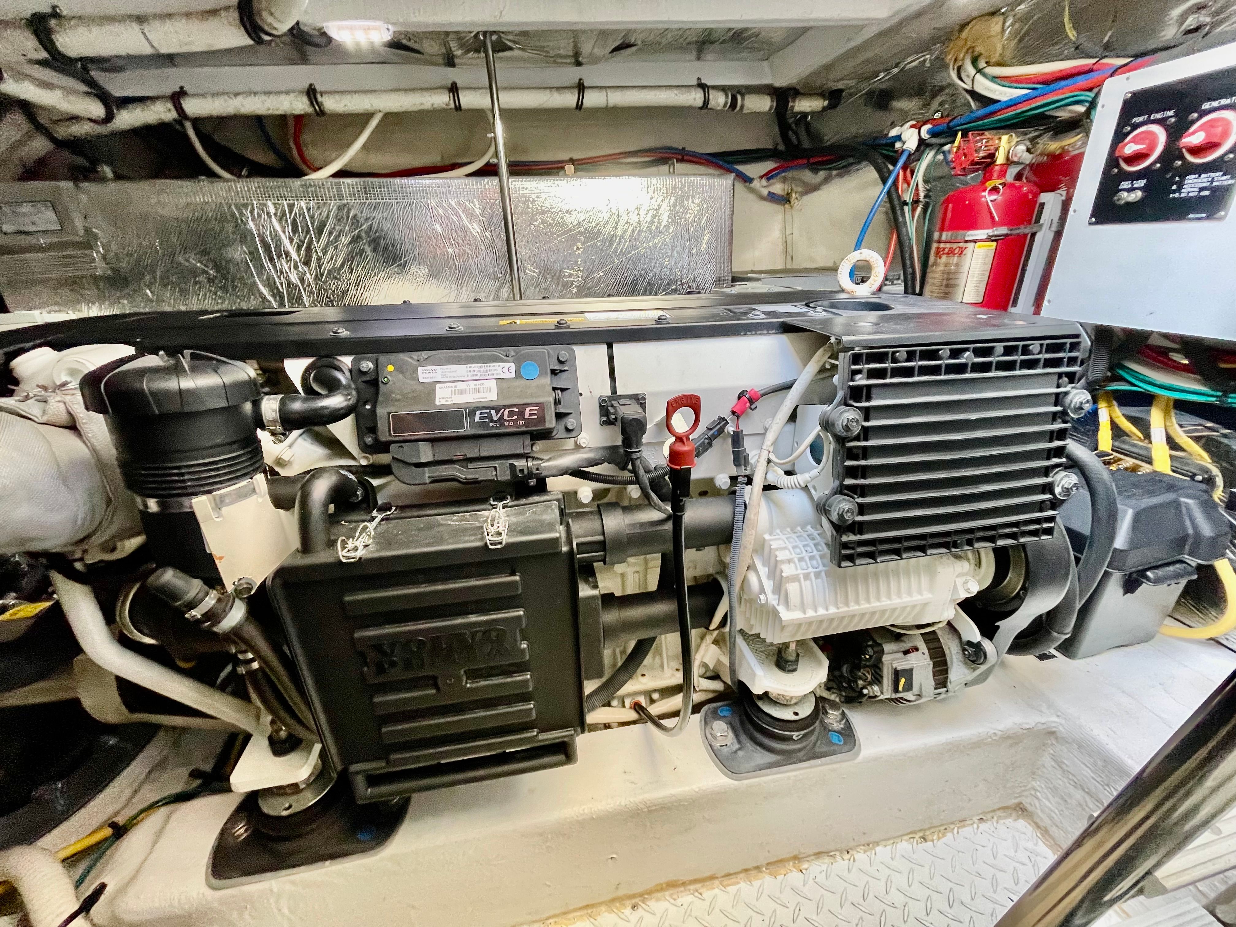Engine room of the 2016 Cruisers Yachts 390 Express Coupe with modern equipment.