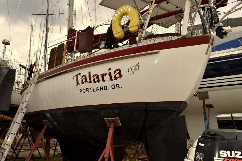 1988 Tayana Vancouver 42 sailboat "Talaria" in dry dock, Portland, Oregon.