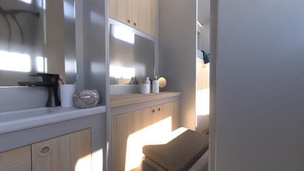 2024 Catamaran Cruisers Power Cat interior with modern bathroom and wooden cabinetry.