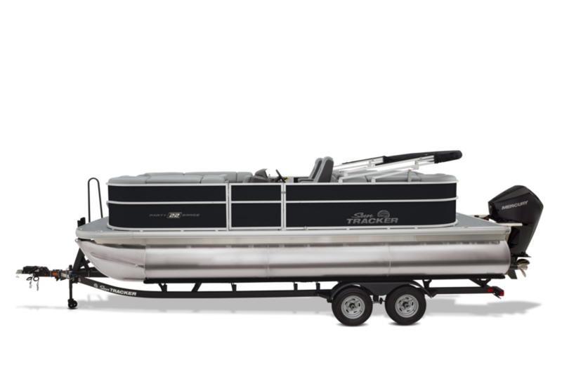 2026 Sun Tracker Party Barge 22 DLX pontoon boat on trailer, side view.