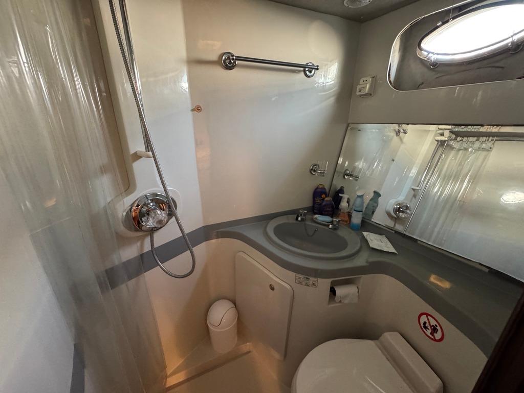 Bathroom in 1989 Birchwood 62 Cockpit Motor Yacht, featuring shower, sink, and toilet.
