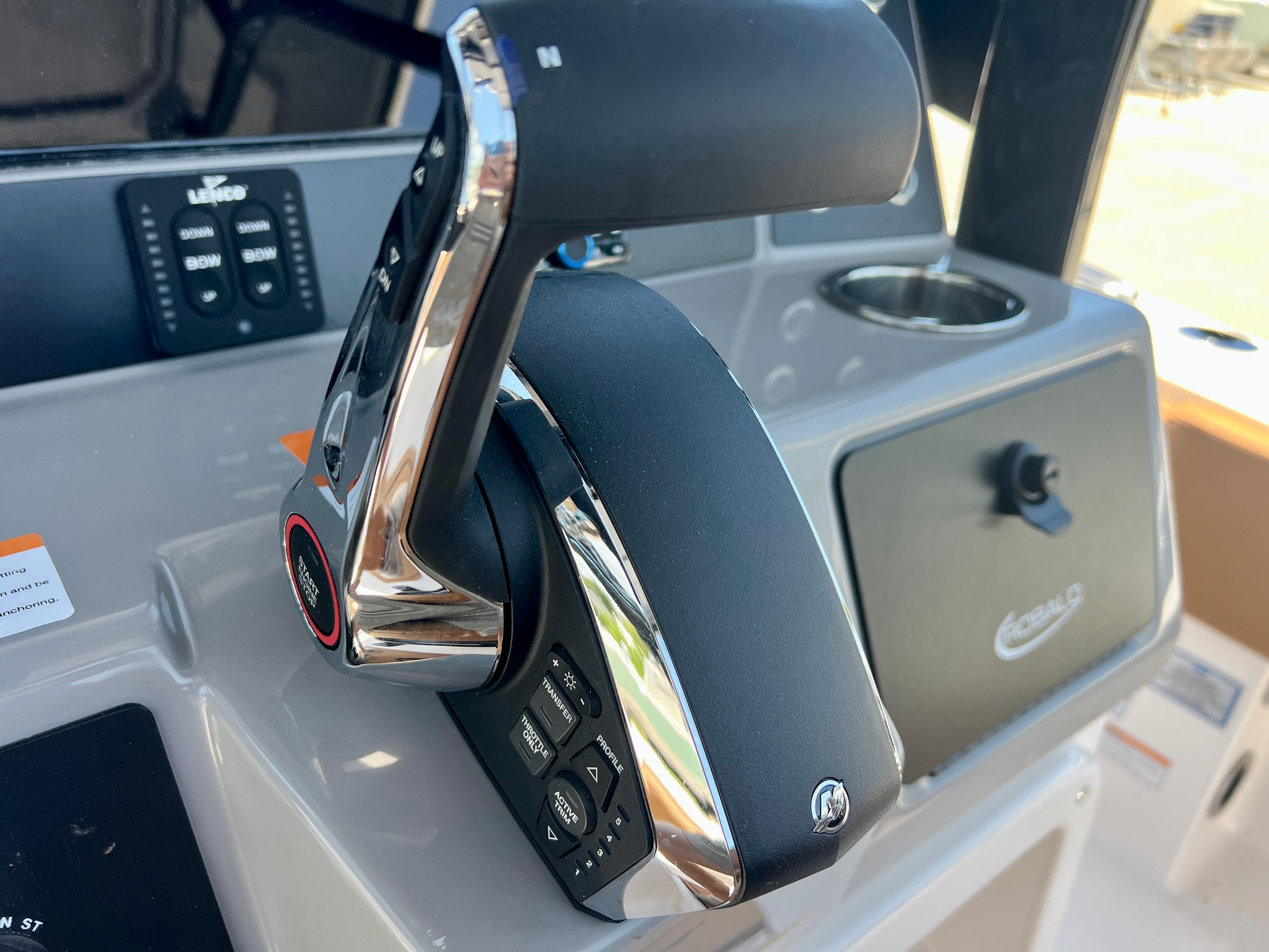 Close-up of throttle control on a 2025 Robalo 266 Cayman.