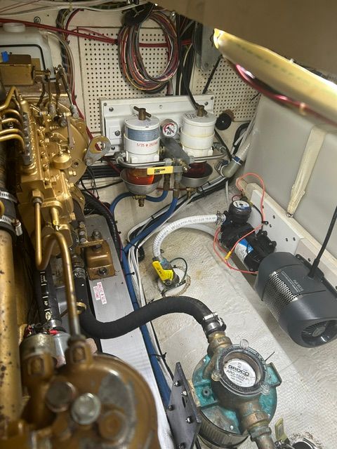Engine room of a 1980 Grand Banks 32 Sedan.