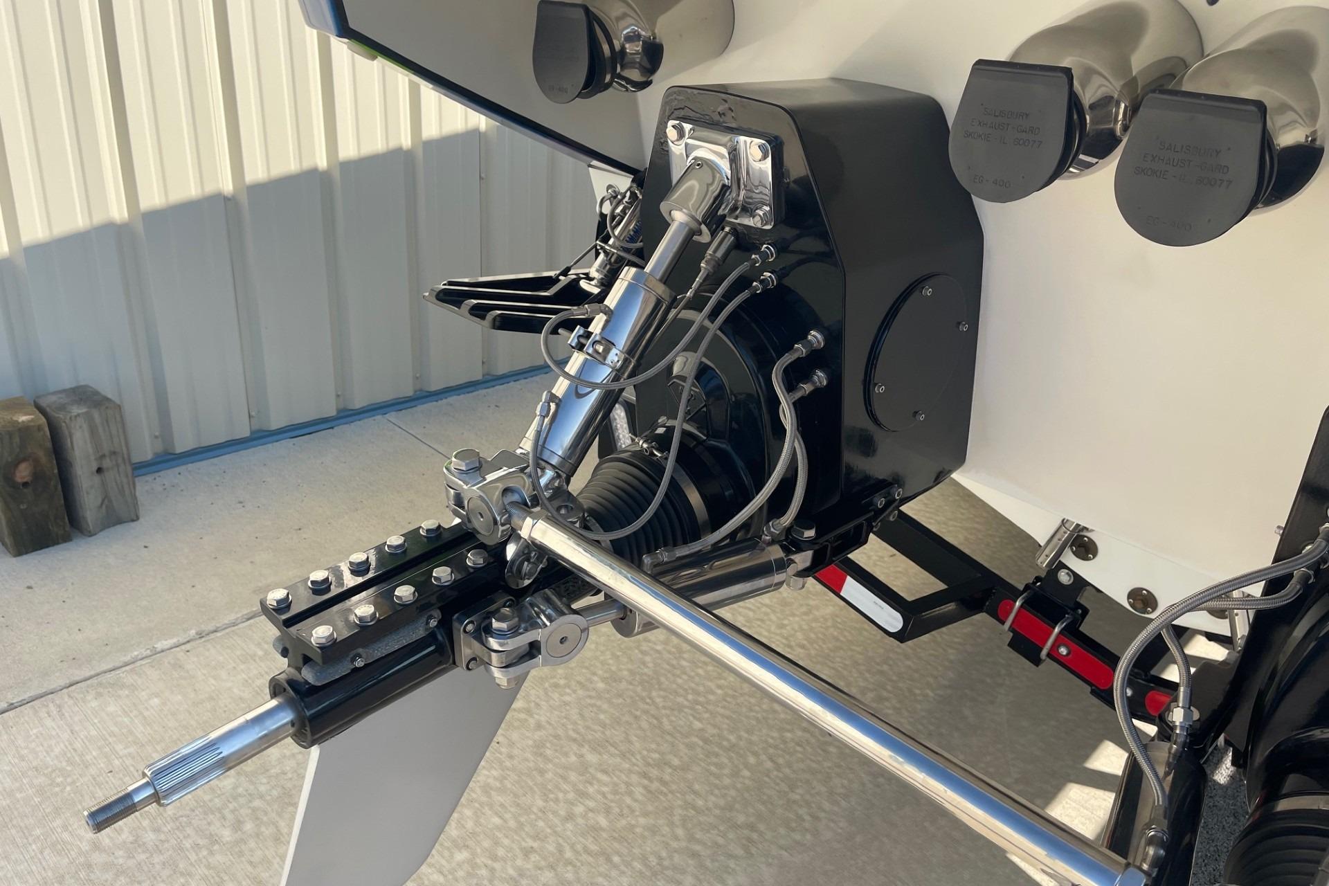 Close-up of 2004 Formula 382 FASTech boat's outdrive and propeller system.