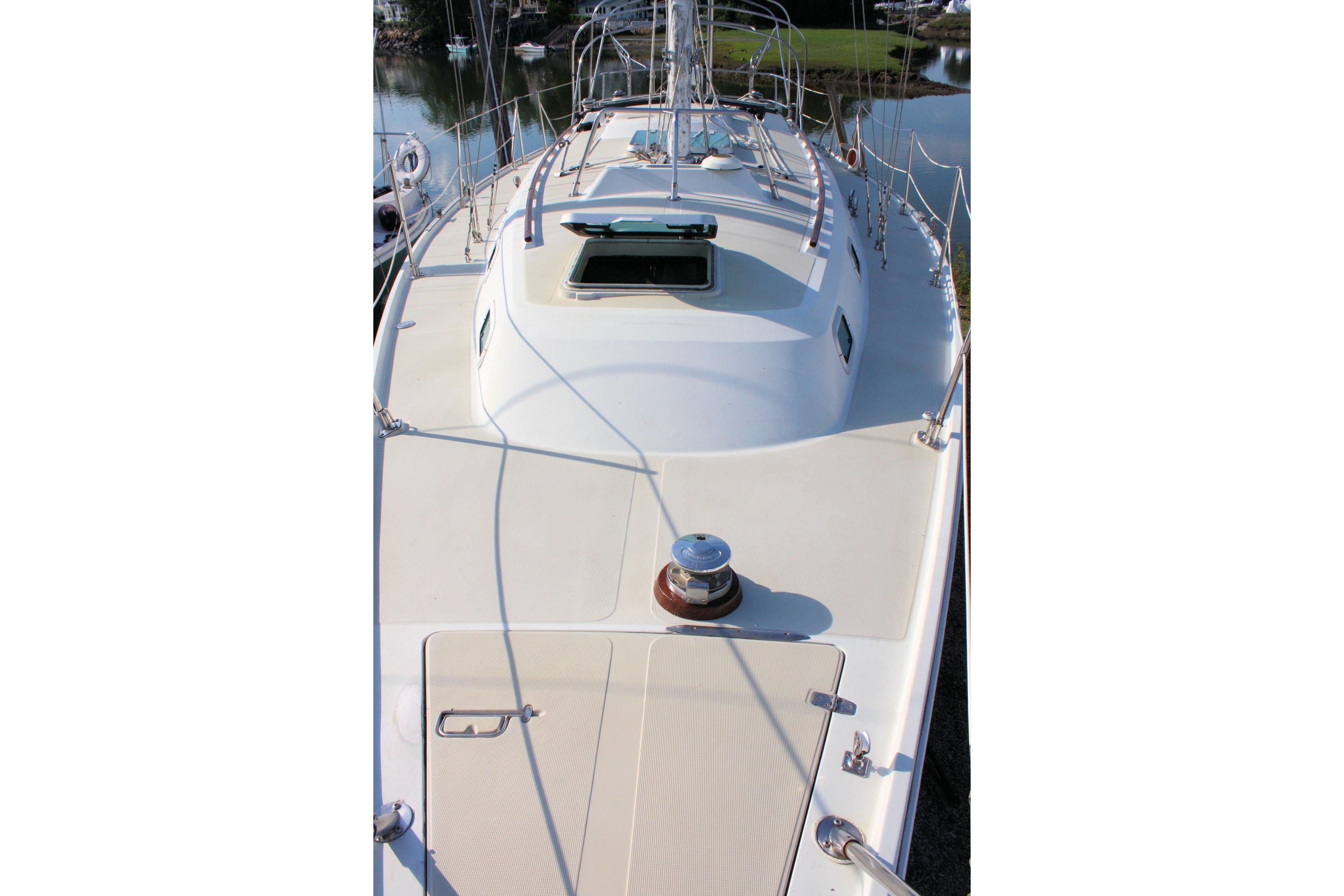 1987 Ericson 38-200 sailboat deck view, showcasing sleek design and rigging details.