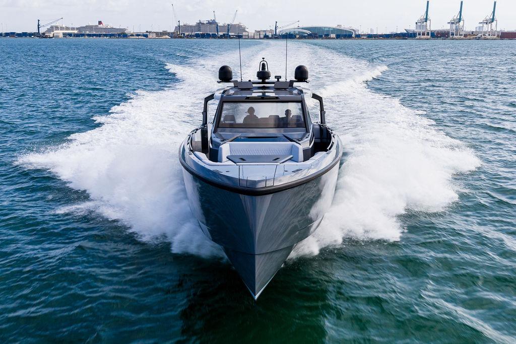 2024 Vanquish Yachts VQ55 cruising swiftly on open water.