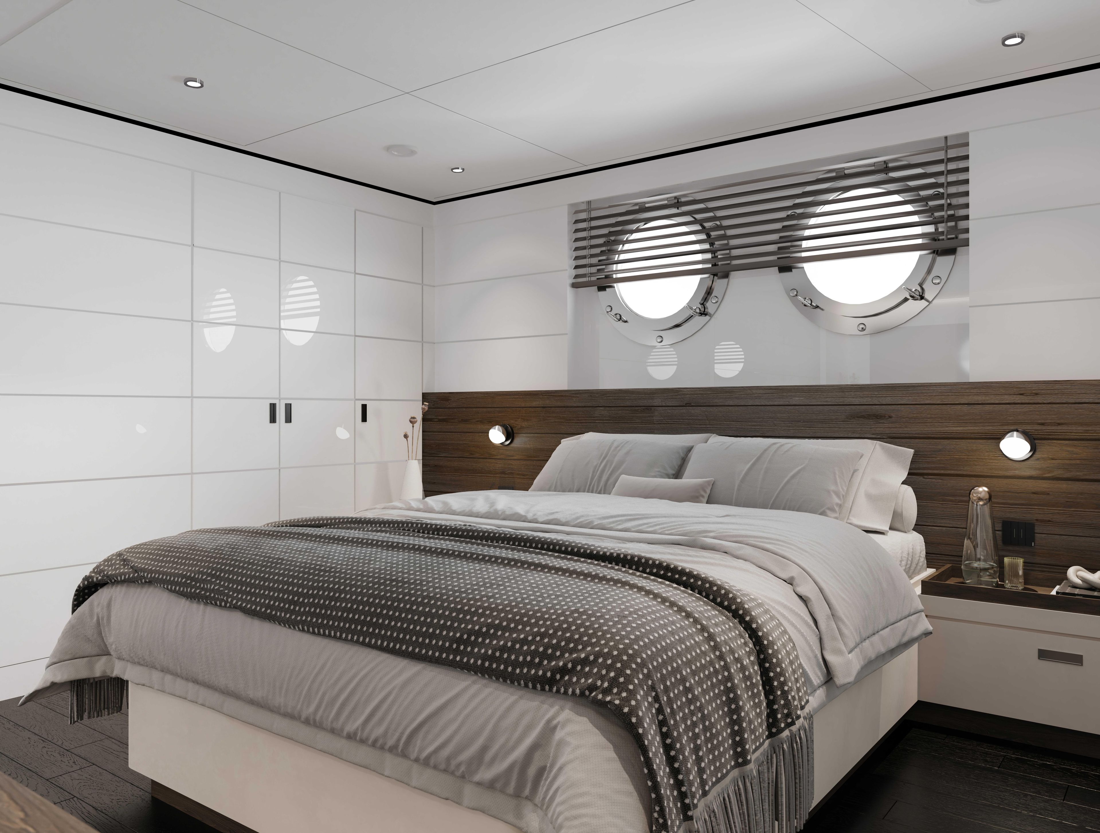 Luxurious bedroom interior on 2027 Custom Tufan and Brothers Mako Shark yacht.