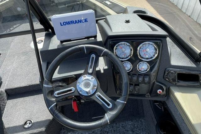 Steering console of 2026 Tracker Targa V-18 WT with Lowrance navigation system.