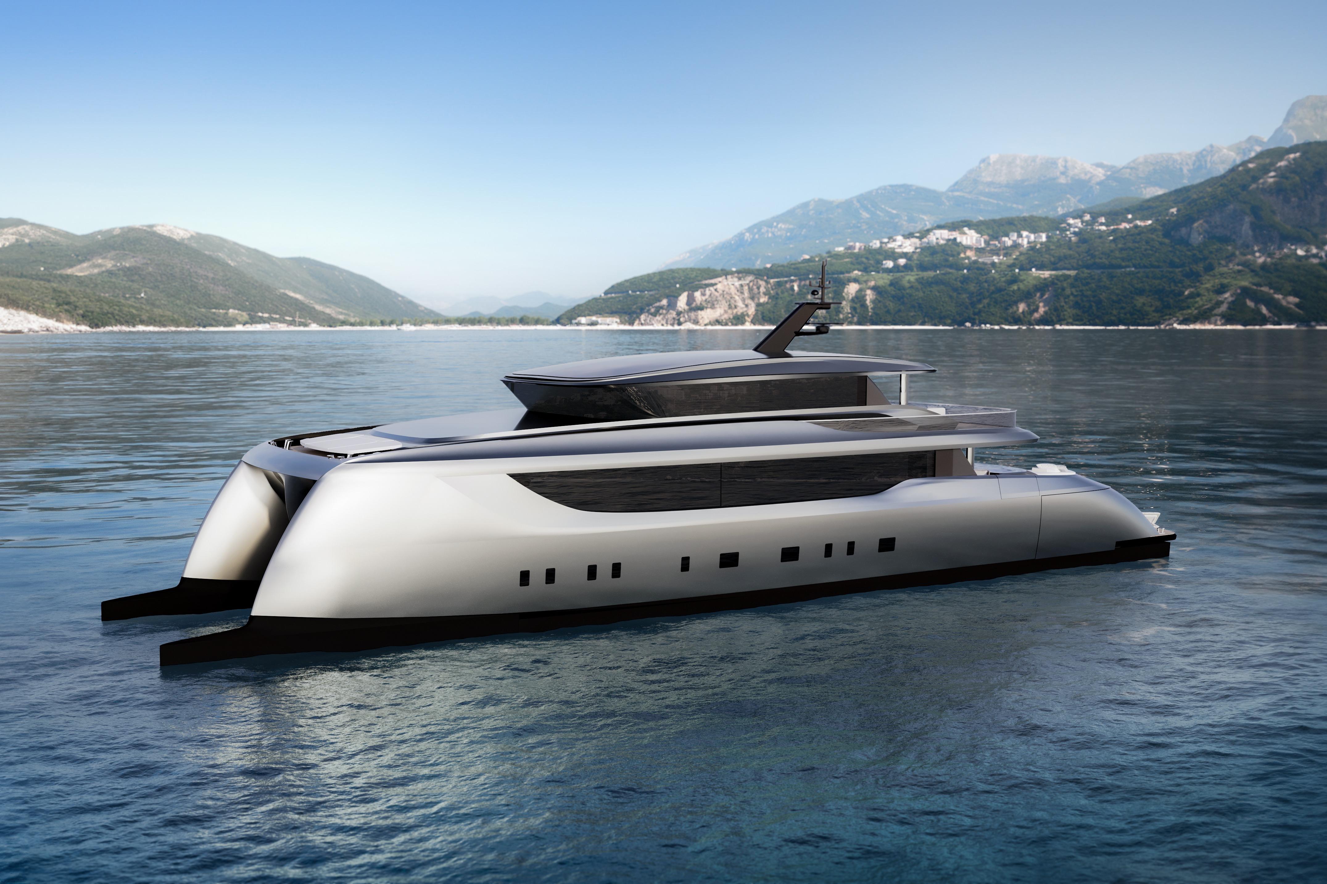 Luxurious 2026 Sunreef 40M Explorer Eco yacht on serene waters with mountainous backdrop.