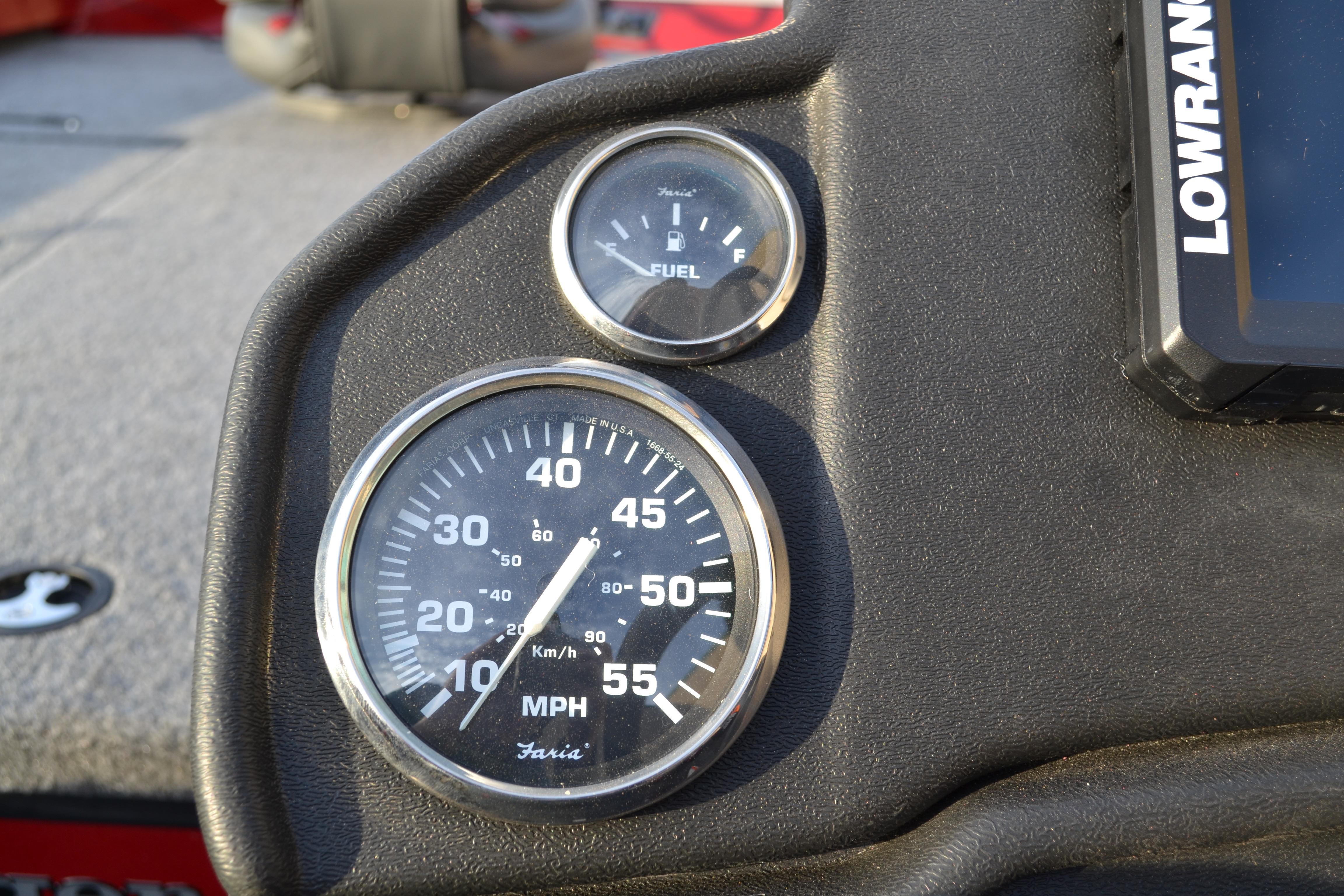 Dashboard of 2026 Ranger RT188 boat with speedometer and fuel gauge.