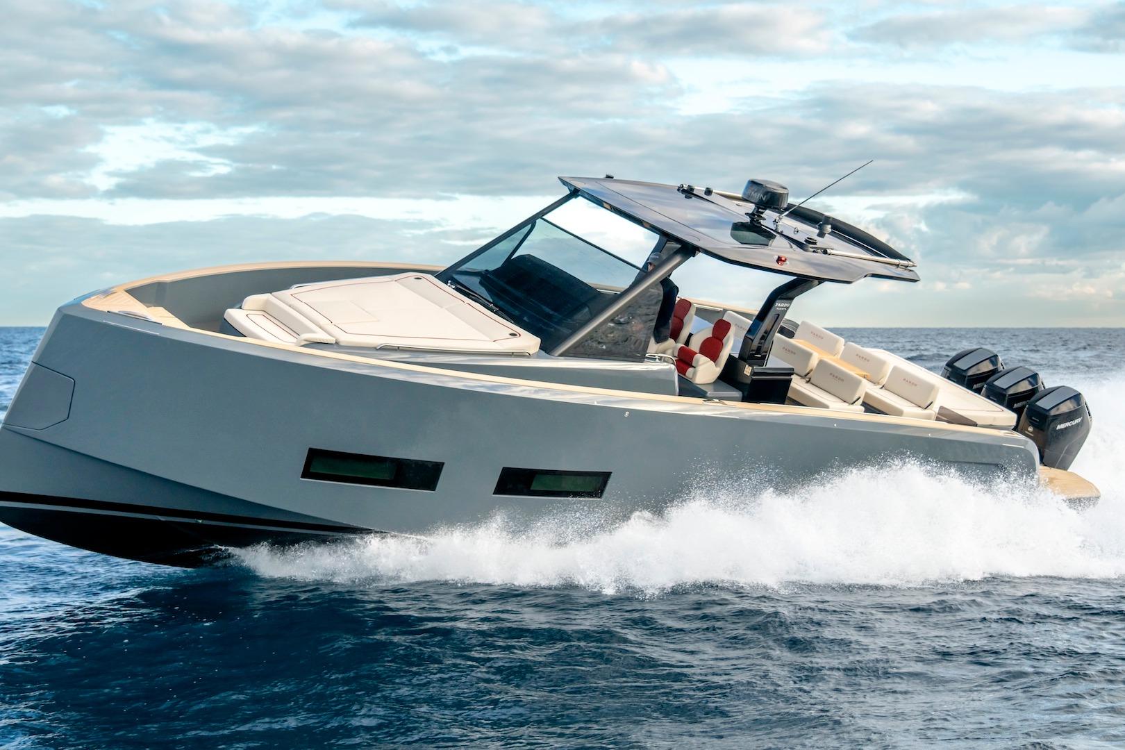 2026 Pardo Yachts P43R cruising on open water, showcasing sleek design and powerful engines.