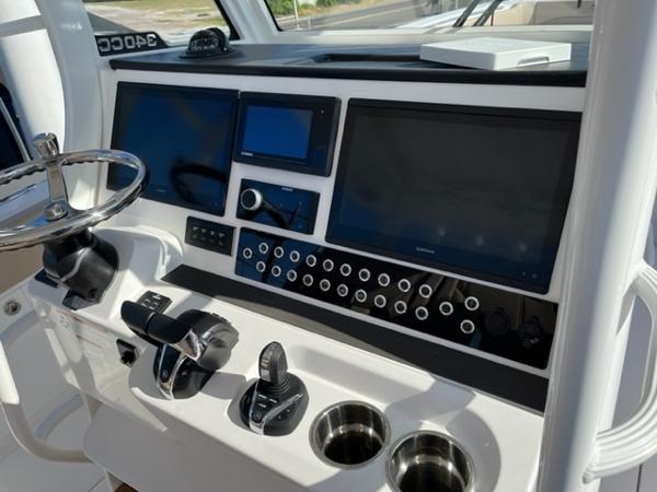 2023 Edgewater 340CC boat dashboard with advanced navigation and control systems.