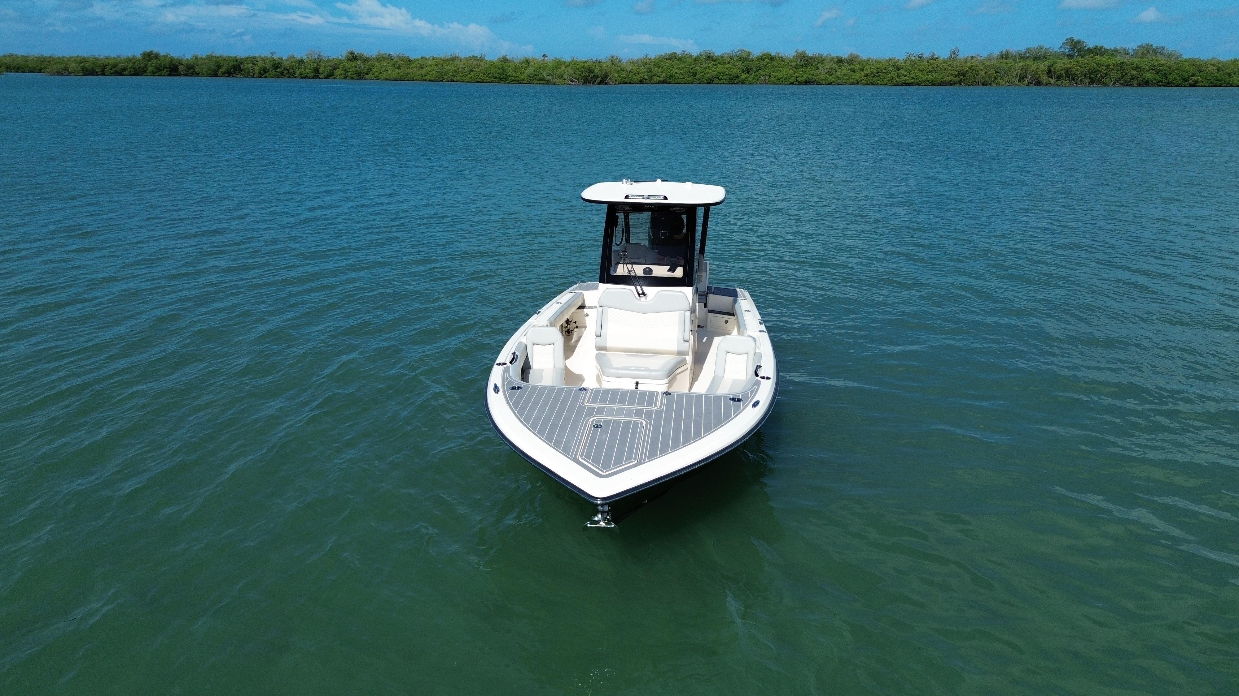 2024 Scout 281 XSS on calm water with green shoreline in the background.