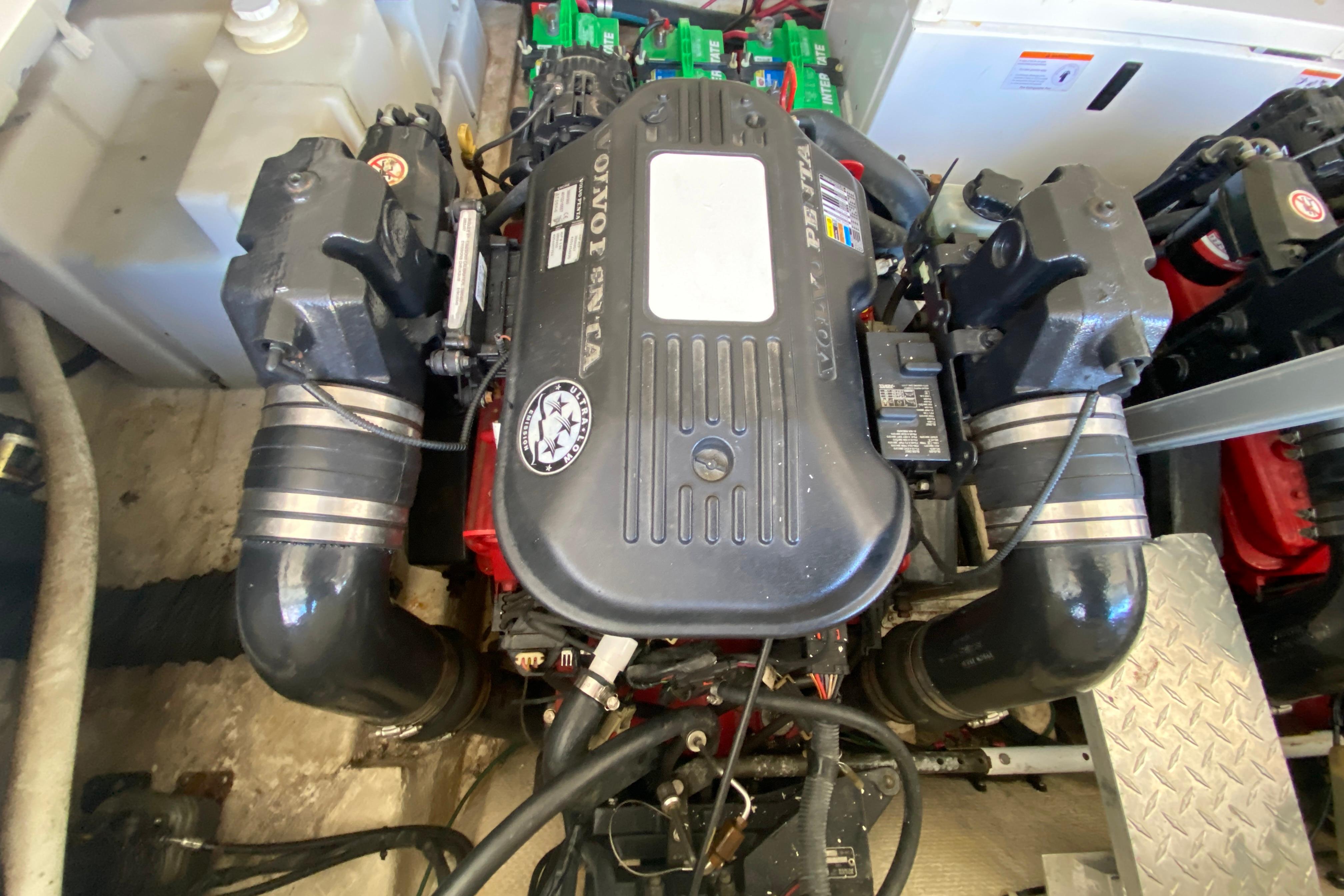Engine compartment of a 2008 Regal 3360 Window Express boat, featuring a Volvo Penta engine.